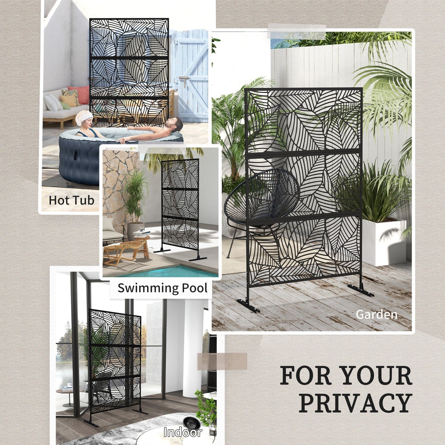 Metal Outdoor Privacy Screen, Decorative Outdoor Divider with Stand and Expansion Screws, Freestanding Privacy Panel for Garden, Backyard, Deck, Large Leaf Style, Black