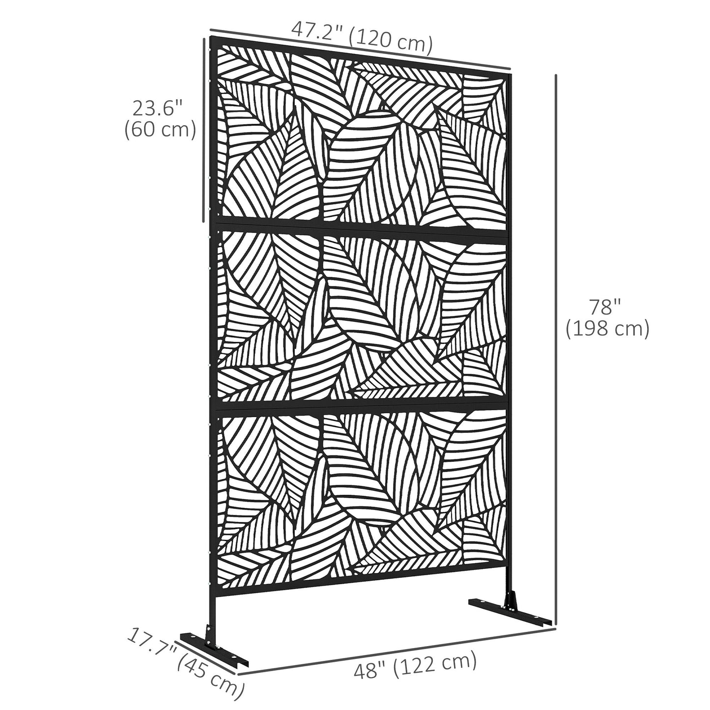 Metal Outdoor Privacy Screen, Decorative Outdoor Divider with Stand and Expansion Screws, Freestanding Privacy Panel for Garden, Backyard, Deck, Large Leaf Style, Black