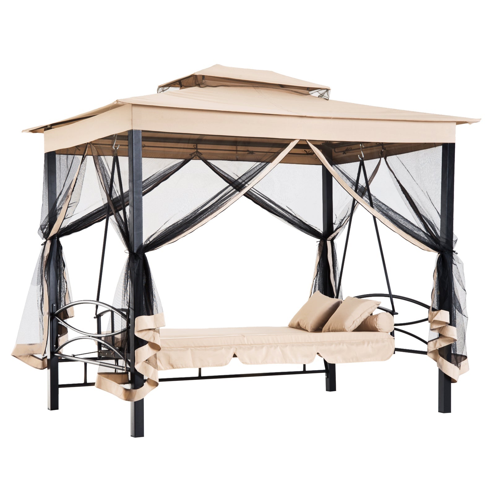 3 Person Outdoor Patio Daybed, 3 in 1 Canopy Gazebo Swing Chair Garden Hammock with Sun Shade, Mesh Mosquito and Net, Beige