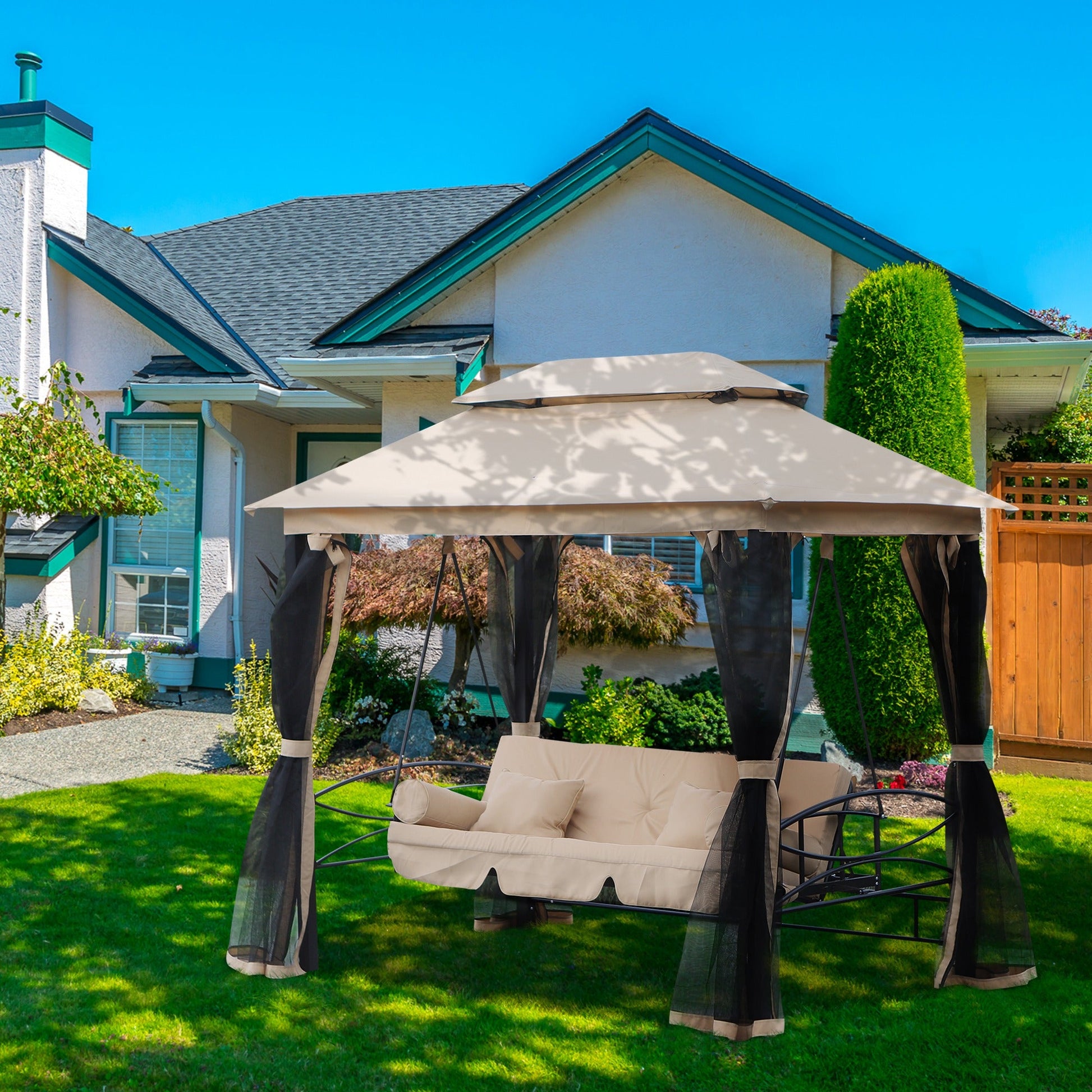 3 Person Outdoor Patio Daybed, 3 in 1 Canopy Gazebo Swing Chair Garden Hammock with Sun Shade, Mesh Mosquito and Net, Beige