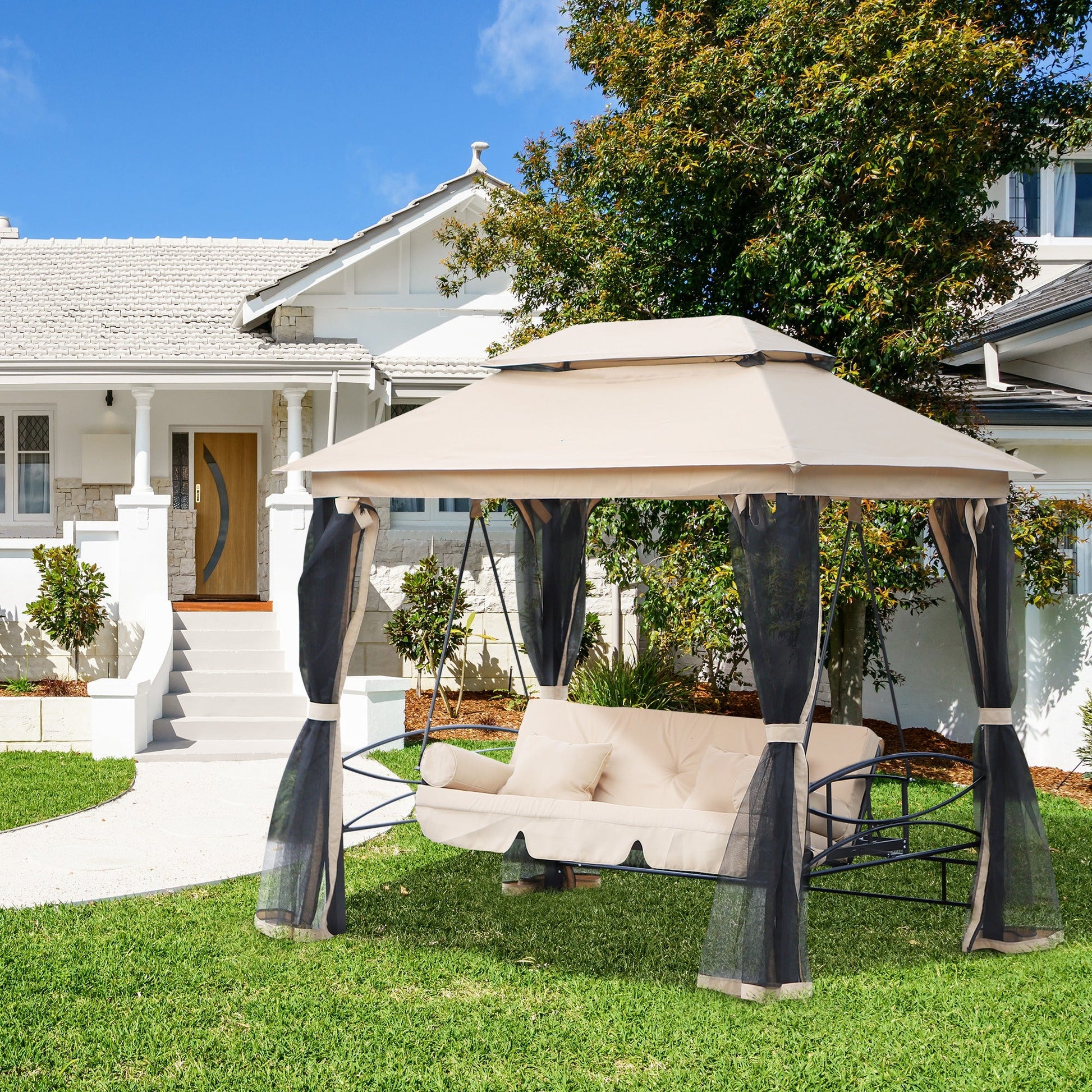 3 Person Outdoor Patio Daybed, 3 in 1 Canopy Gazebo Swing Chair Garden Hammock with Sun Shade, Mesh Mosquito and Net, Beige