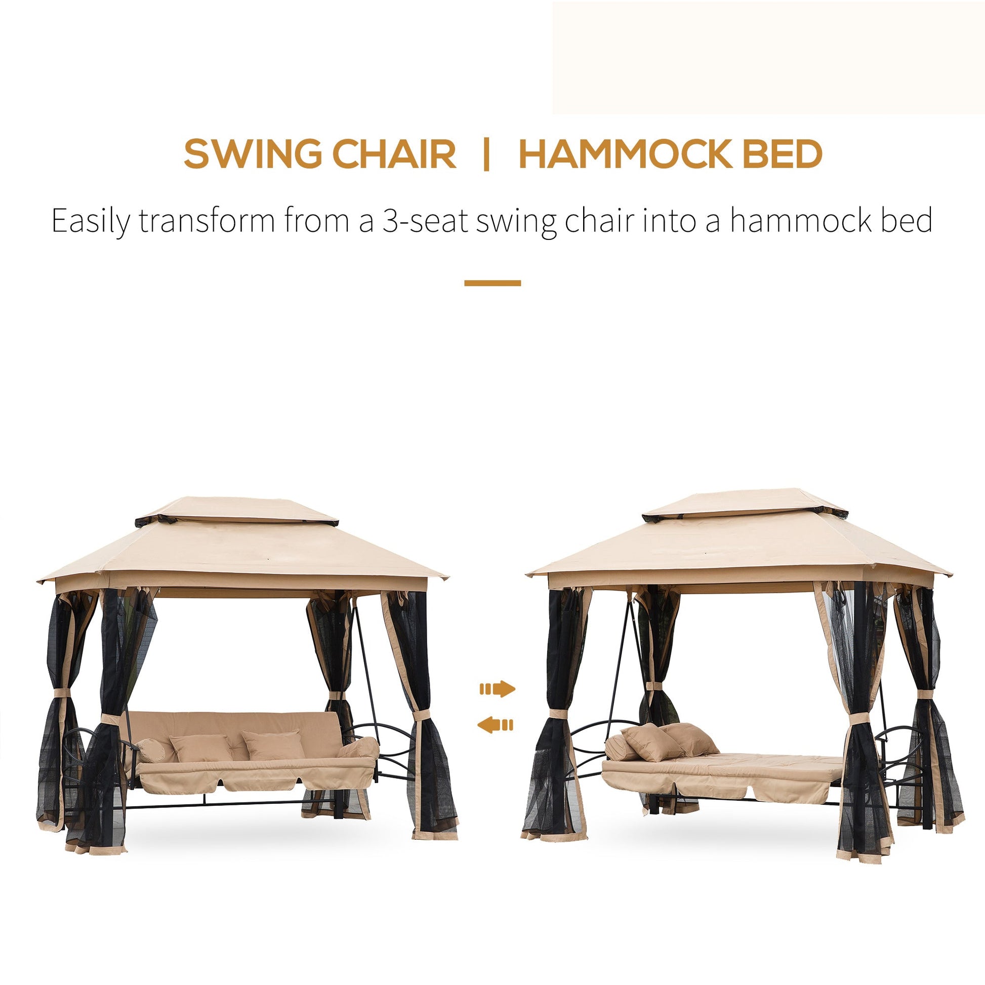 3 Person Outdoor Patio Daybed, 3 in 1 Canopy Gazebo Swing Chair Garden Hammock with Sun Shade, Mesh Mosquito and Net, Beige