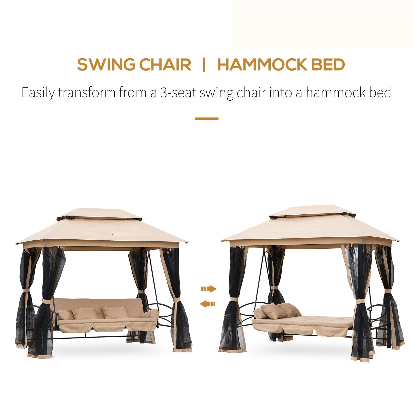 3 Person Outdoor Patio Daybed, 3 in 1 Canopy Gazebo Swing Chair Garden Hammock with Sun Shade, Mesh Mosquito and Net, Beige