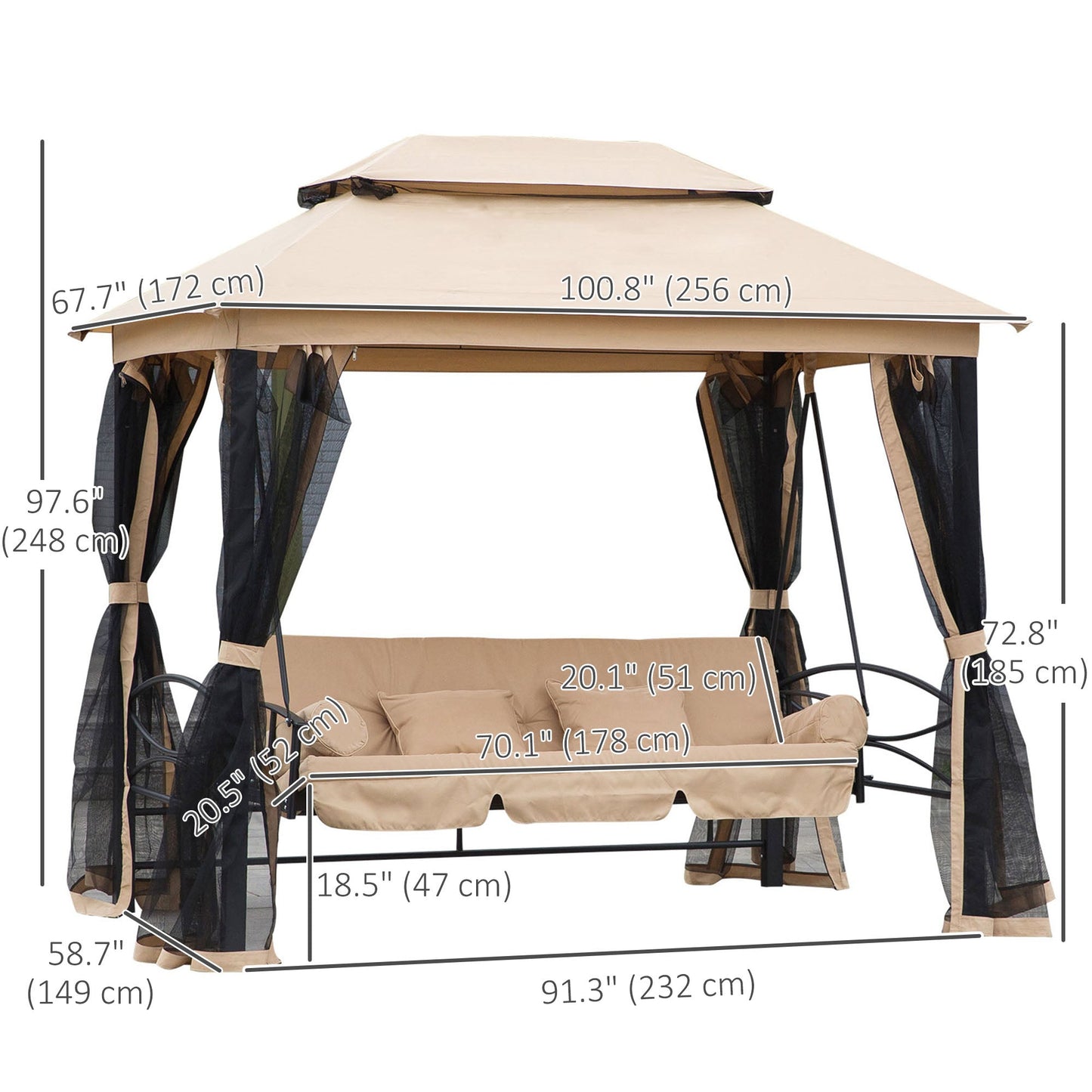 3 Person Outdoor Patio Daybed, 3 in 1 Canopy Gazebo Swing Chair Garden Hammock with Sun Shade, Mesh Mosquito and Net, Beige