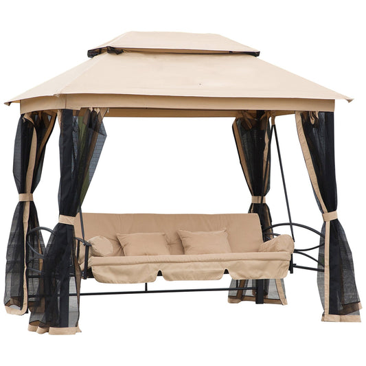 3 Person Outdoor Patio Daybed, 3 in 1 Canopy Gazebo Swing Chair Garden Hammock with Sun Shade, Mesh Mosquito and Net, Beige