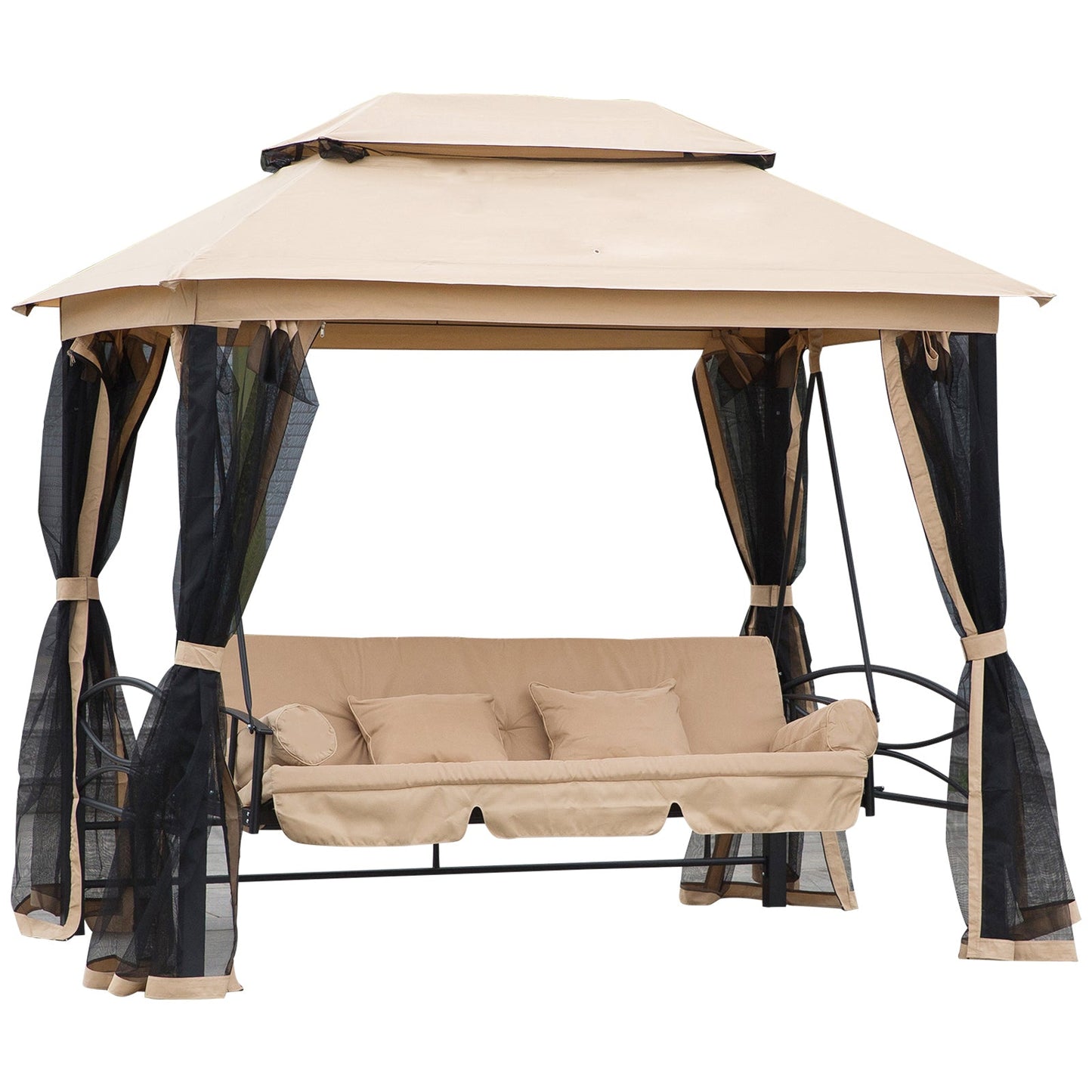 3 Person Outdoor Patio Daybed, 3 in 1 Canopy Gazebo Swing Chair Garden Hammock with Sun Shade, Mesh Mosquito and Net, Beige