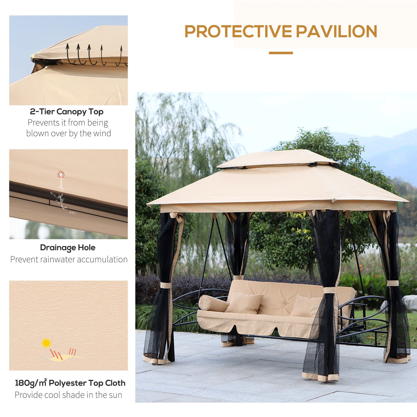 3 Person Outdoor Patio Daybed, 3 in 1 Canopy Gazebo Swing Chair Garden Hammock with Sun Shade, Mesh Mosquito and Net, Beige