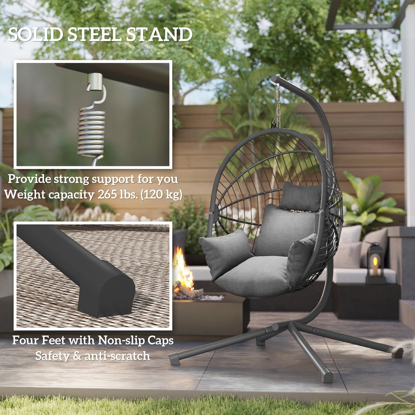 Hanging Egg Chair with Thick Padded Cushion, Foldable Wicker Egg Swing Chair with Metal Stand, Hammock Chair with Cup Holder, Rope Structure, for Indoor and Outdoor, Grey