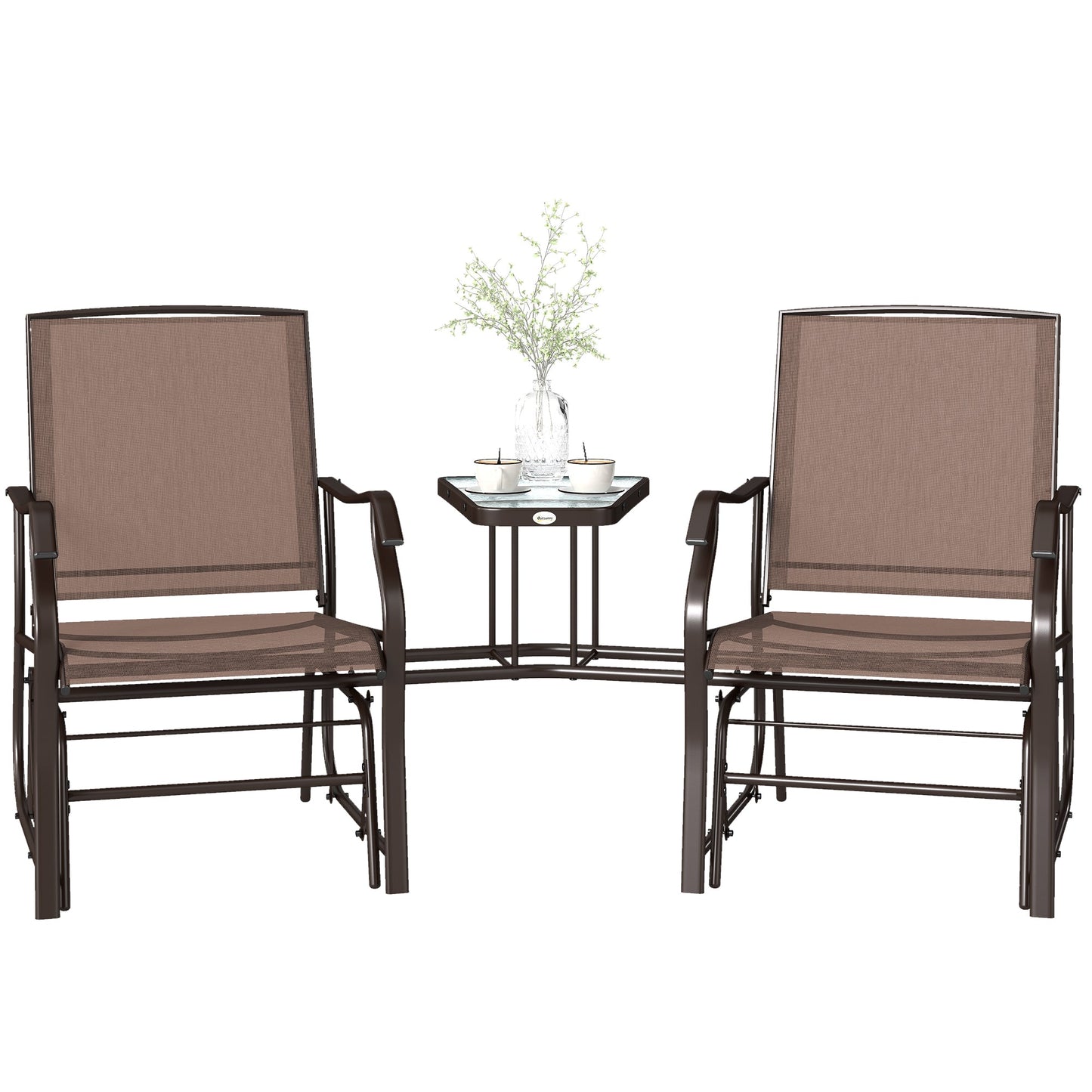 Double Patio Glider Chair with Glass Top Center Table, Outdoor Glider Loveseat with High Back,  All Weather Breathable Mesh Fabric for Garden, Backyard, Deck, Brown
