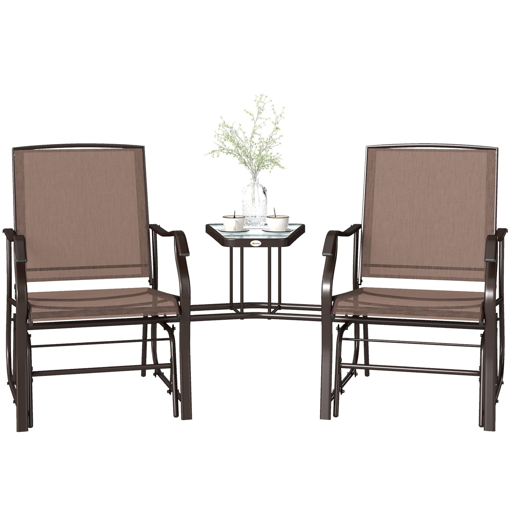 Double Patio Glider Chair with Glass Top Center Table, Outdoor Glider Loveseat with High Back,  All Weather Breathable Mesh Fabric for Garden, Backyard, Deck, Brown
