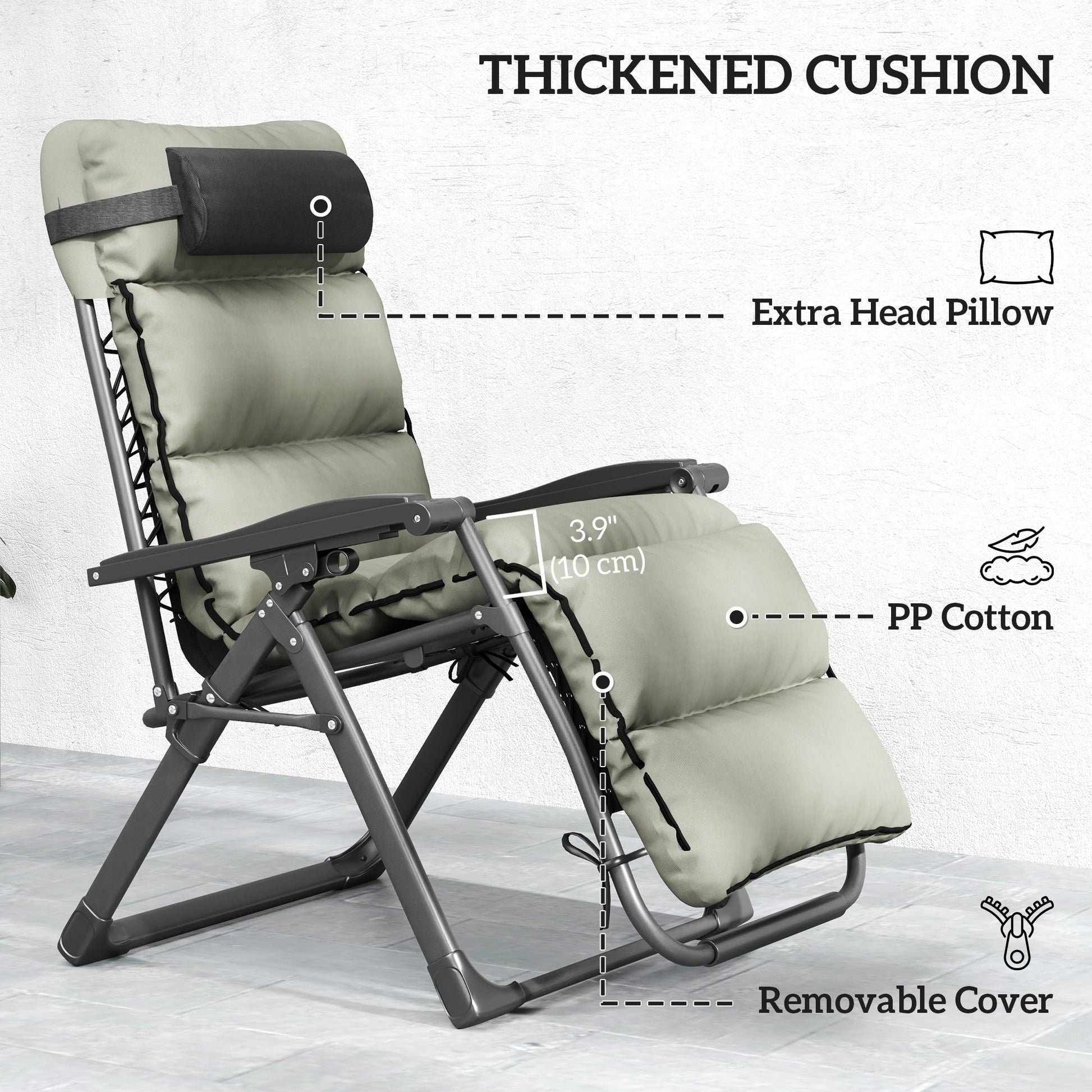 Reclining Zero Gravity Chair with Adjustable Backrest, Folding Garden Sun Lounger with Removable Cushion, Headrest Cup Phone Holder Tray, Set of 2, Grey