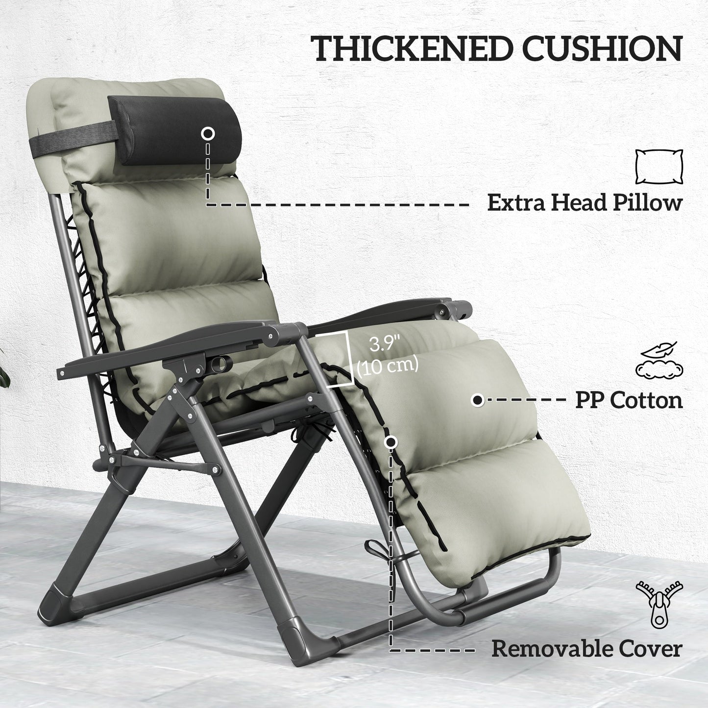 Reclining Zero Gravity Chair with Adjustable Backrest, Folding Garden Sun Lounger with Removable Cushion, Headrest Cup Phone Holder Tray, Set of 2, Grey