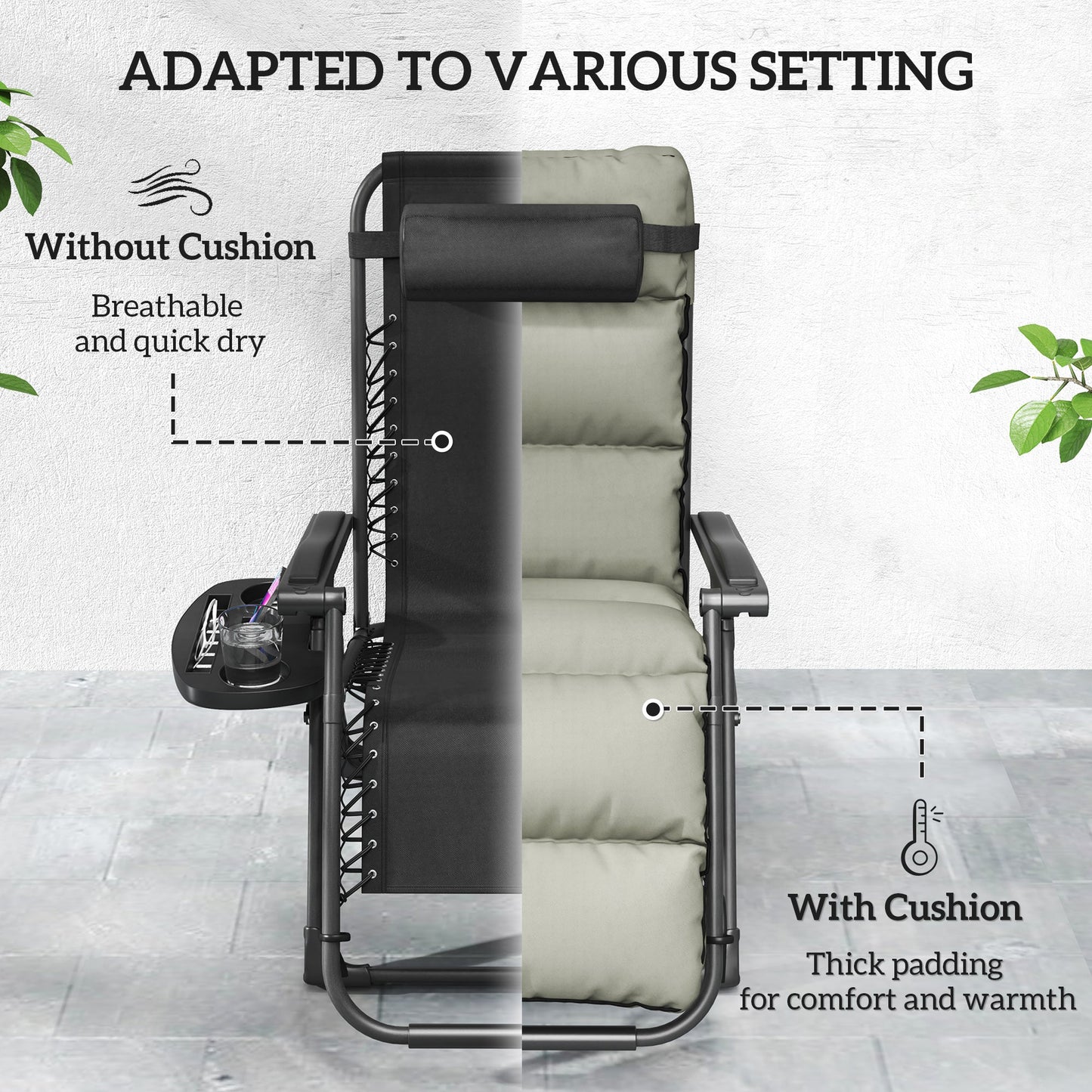 Reclining Zero Gravity Chair with Adjustable Backrest, Folding Garden Sun Lounger with Removable Cushion, Headrest Cup Phone Holder Tray, Set of 2, Grey
