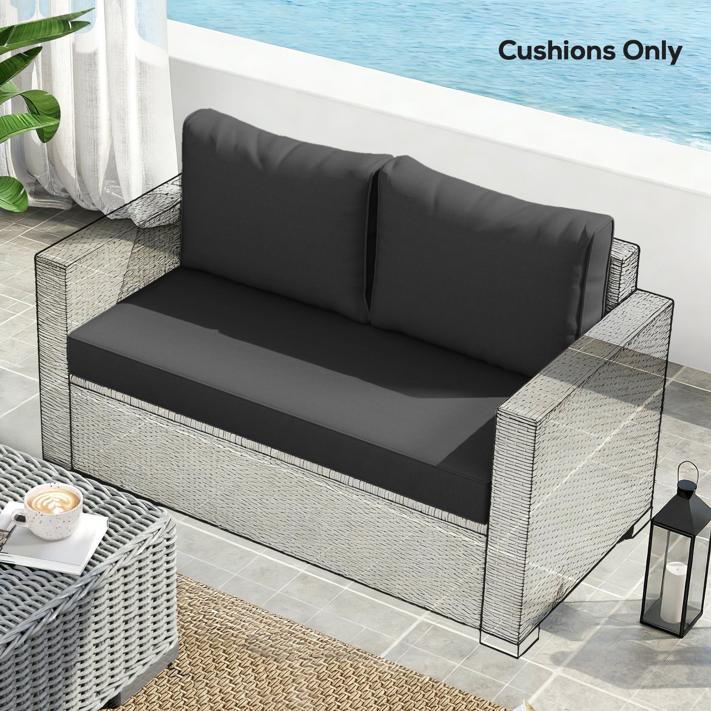 2 Seater Outdoor Seat Cushions with Backrest, Loveseat Double Sofa Outdoor Furniture Cushions, Fade-Resistant Replacement Patio Cushions for Indoor and Outdoor, Black