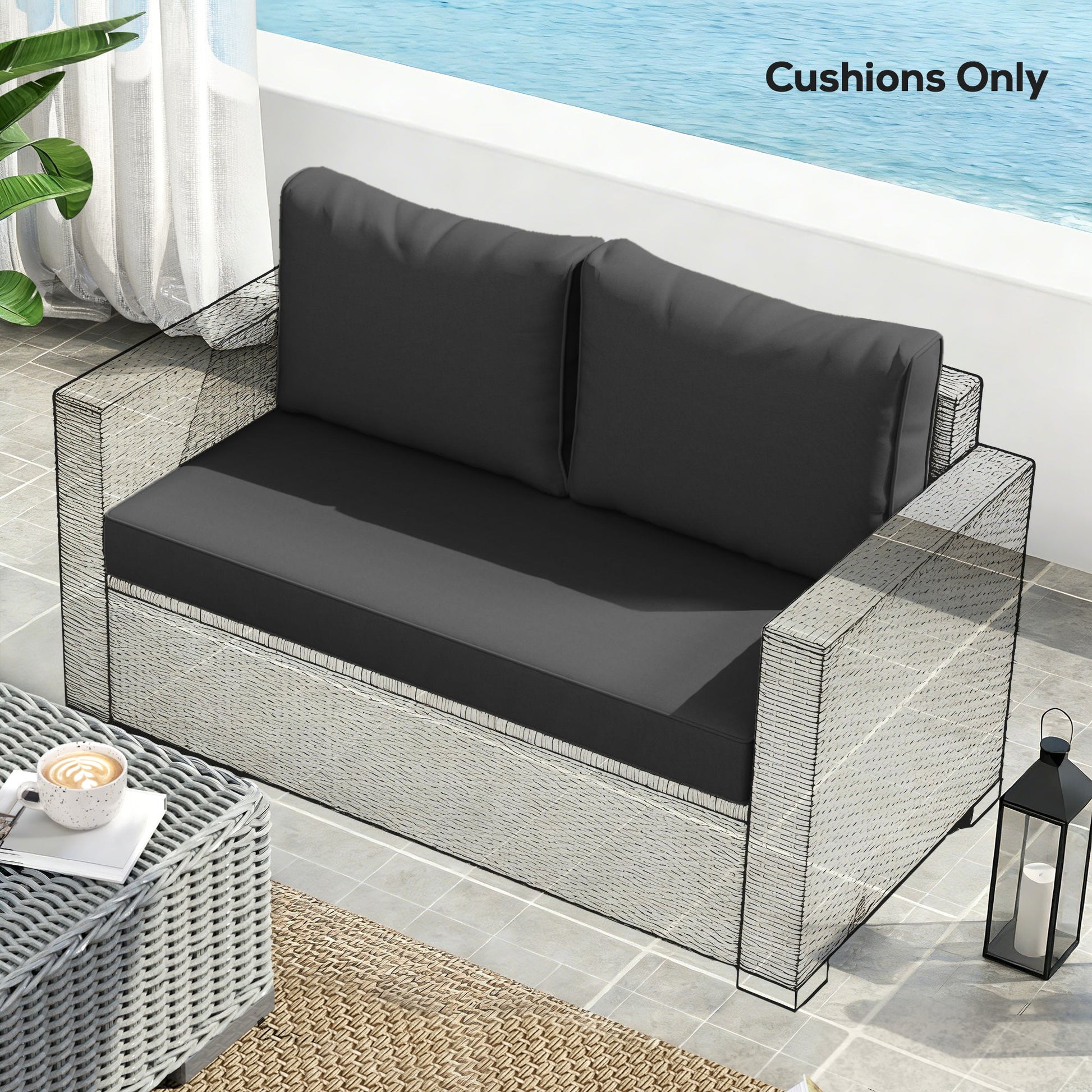 2 Seater Outdoor Seat Cushions with Backrest, Loveseat Double Sofa Outdoor Furniture Cushions, Fade-Resistant Replacement Patio Cushions for Indoor and Outdoor, Black