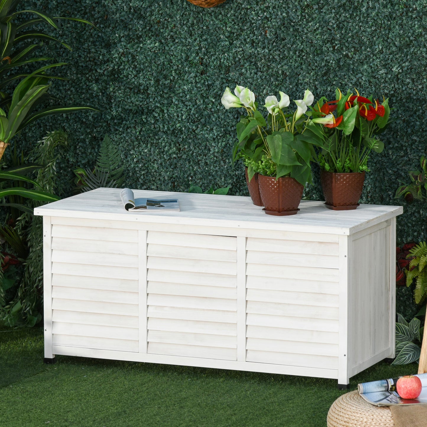 75 Gallon Wooden Storage Box patio Deck Box Bench, Garden Backyard Outdoor Storage Container with Aerating Gap & Weather-Fighting Finish, White