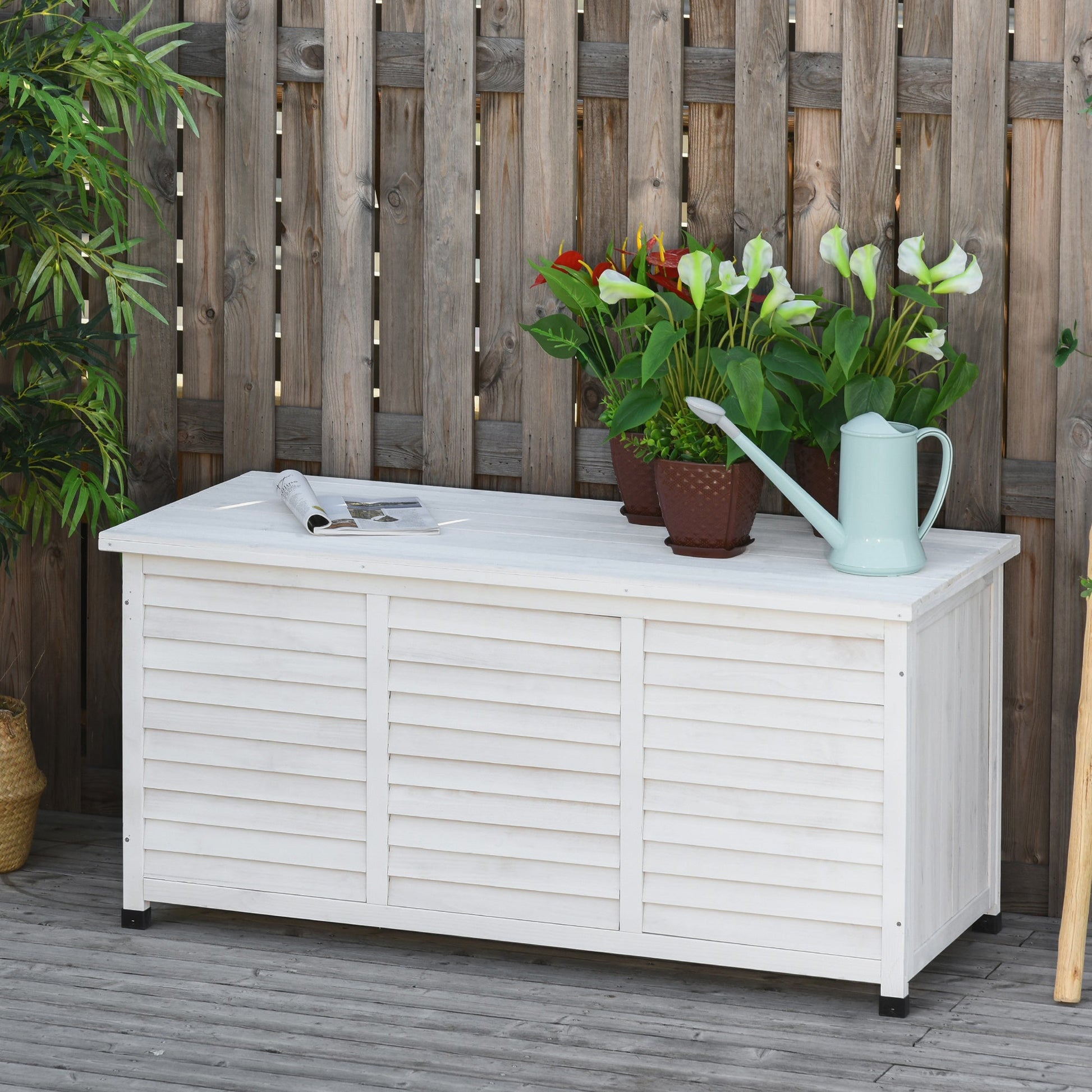 75 Gallon Wooden Storage Box patio Deck Box Bench, Garden Backyard Outdoor Storage Container with Aerating Gap & Weather-Fighting Finish, White