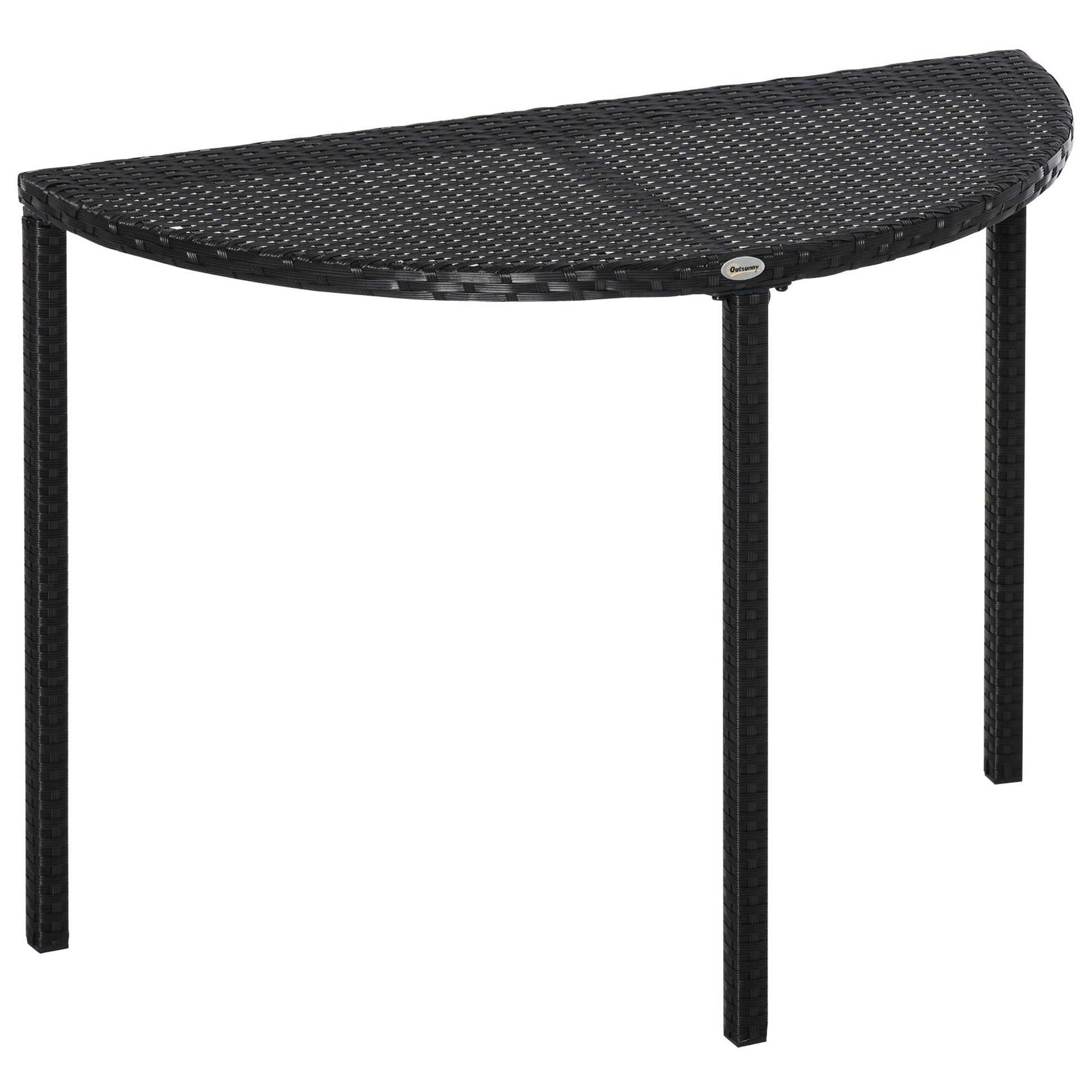Half Round Side Table, PE Rattan Narrow Coffee Table with Metal Frame for Patio, Garden, Balcony, 39.4" x 19.7" x 29.1", Black