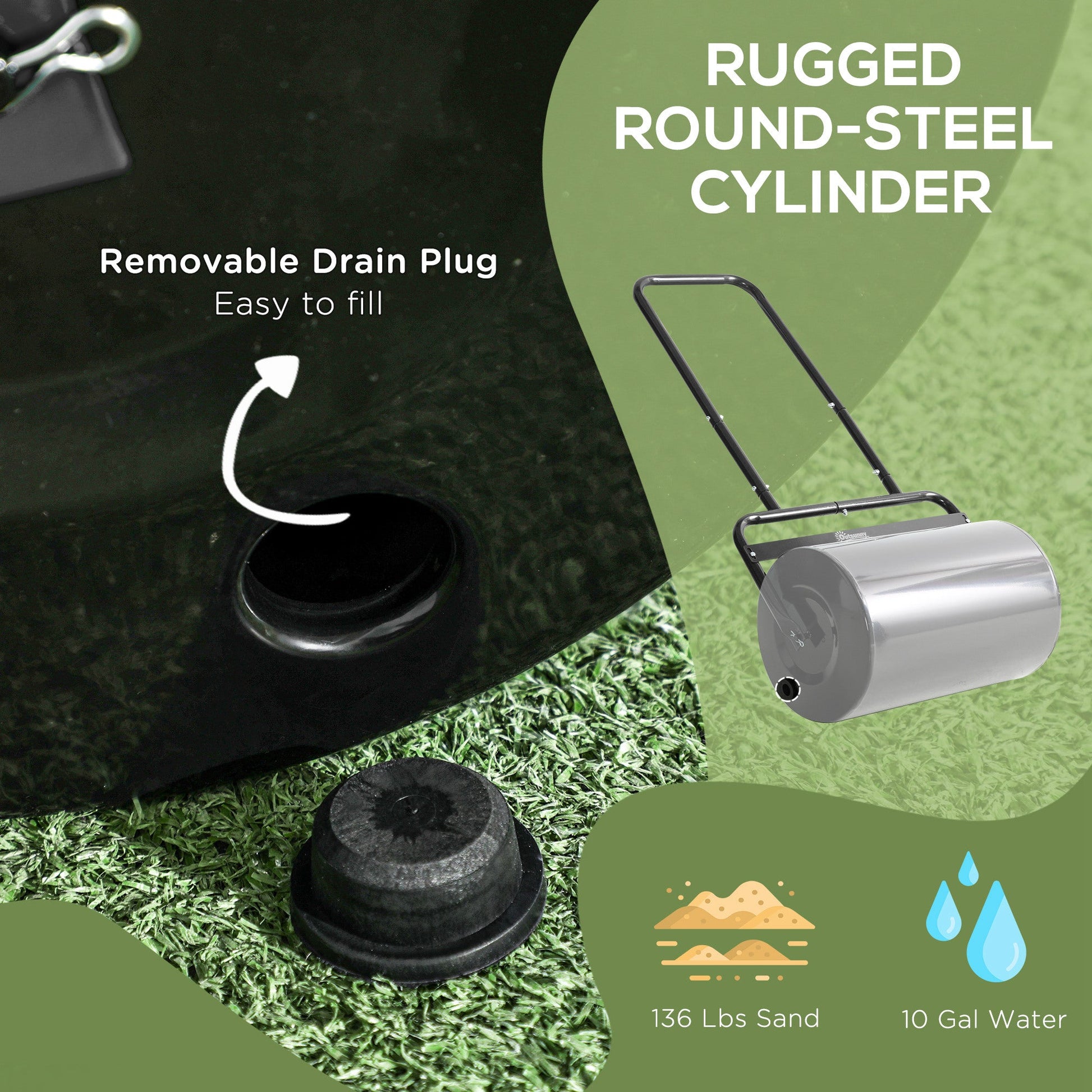 20" Push/Tow Behind Lawn Roller, Heavy Duty Sod Drum Roller Filled with 11 Gal Water/136 Lbs Sand, Grass Flattener for Yard, Patio, Park, Black