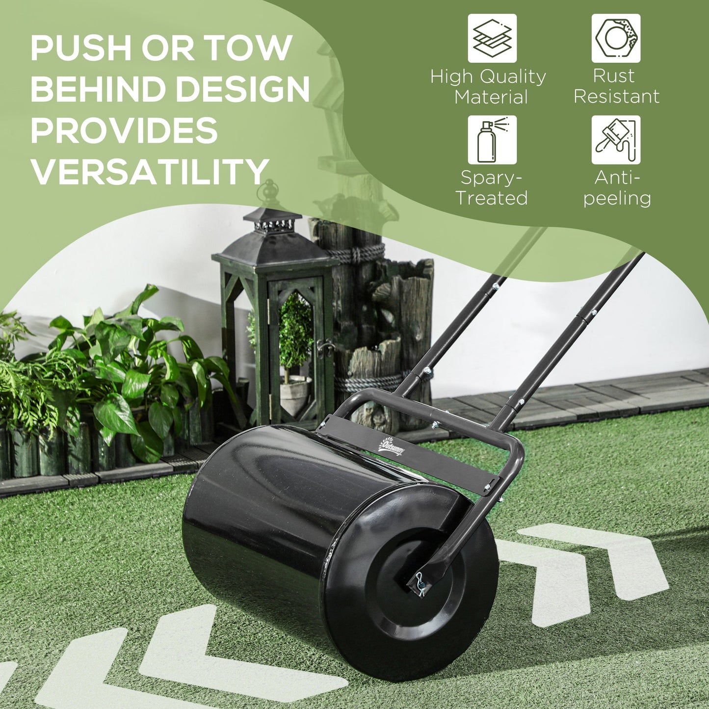 20" Push/Tow Behind Lawn Roller, Heavy Duty Sod Drum Roller Filled with 11 Gal Water/136 Lbs Sand, Grass Flattener for Yard, Patio, Park, Black
