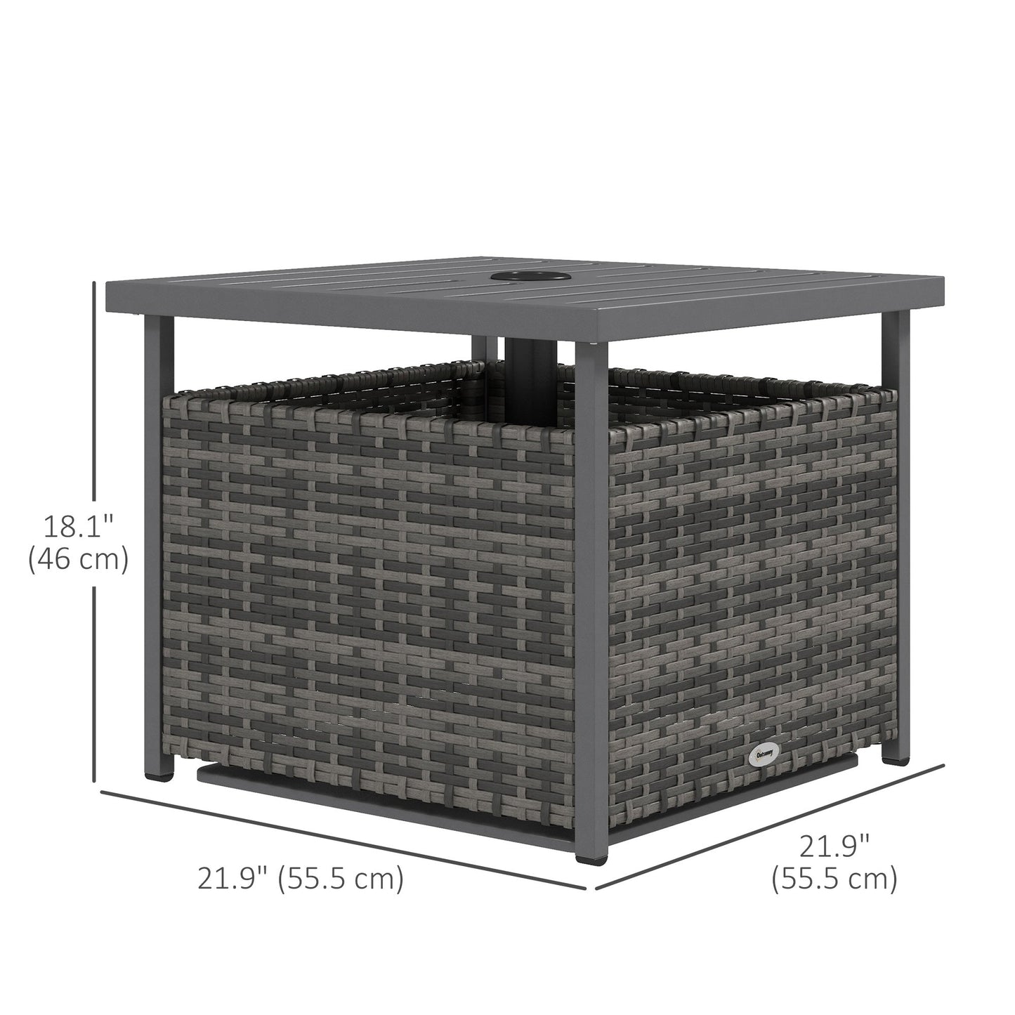21.75" Outdoor Rattan Wicker Patio Coffee Table with Umbrella Hole, Patio Side Table with Slatted Metal Top, Suitable for Garden, Backyard, Mixed-Grey