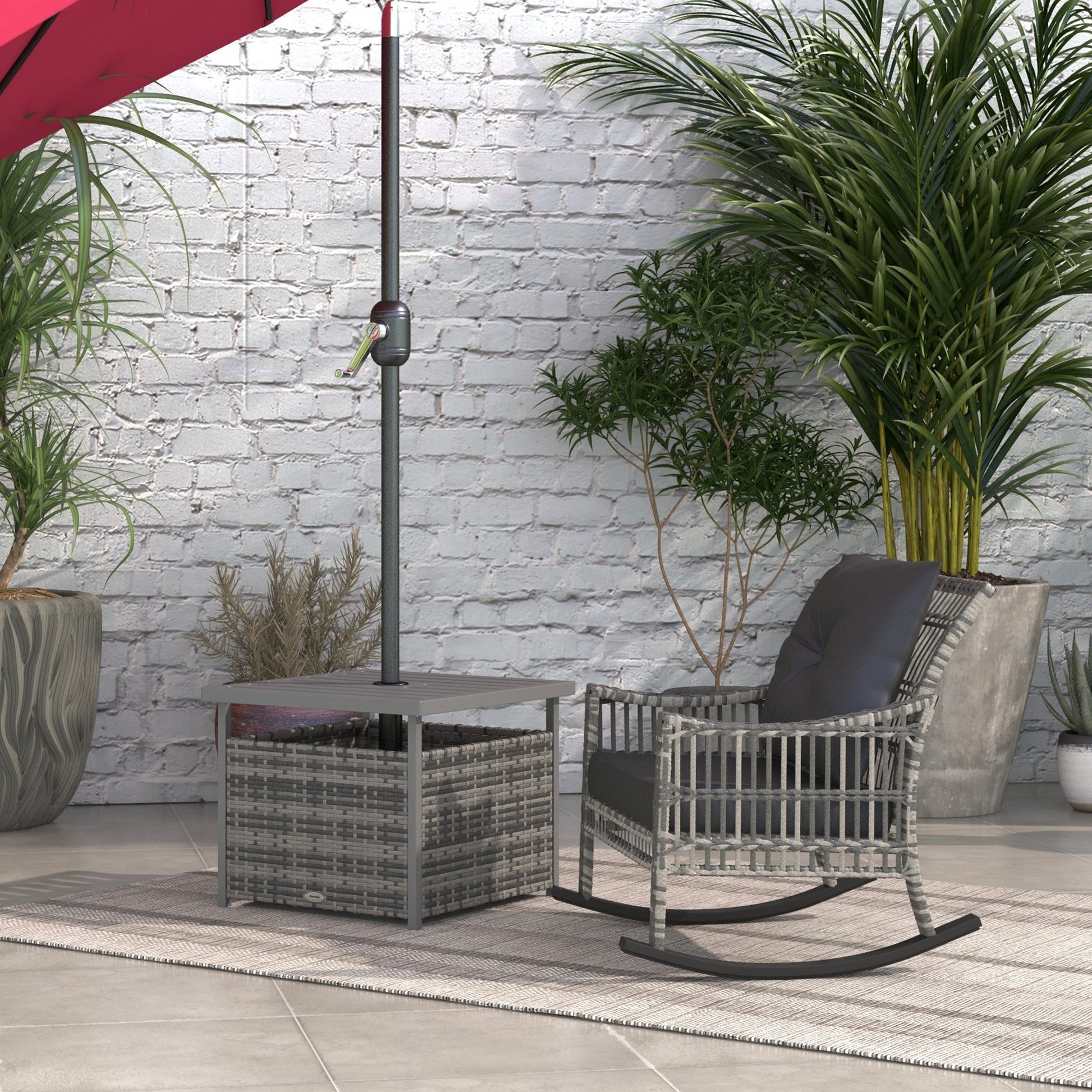 21.75" Outdoor Rattan Wicker Patio Coffee Table with Umbrella Hole, Patio Side Table with Slatted Metal Top, Suitable for Garden, Backyard, Mixed-Grey