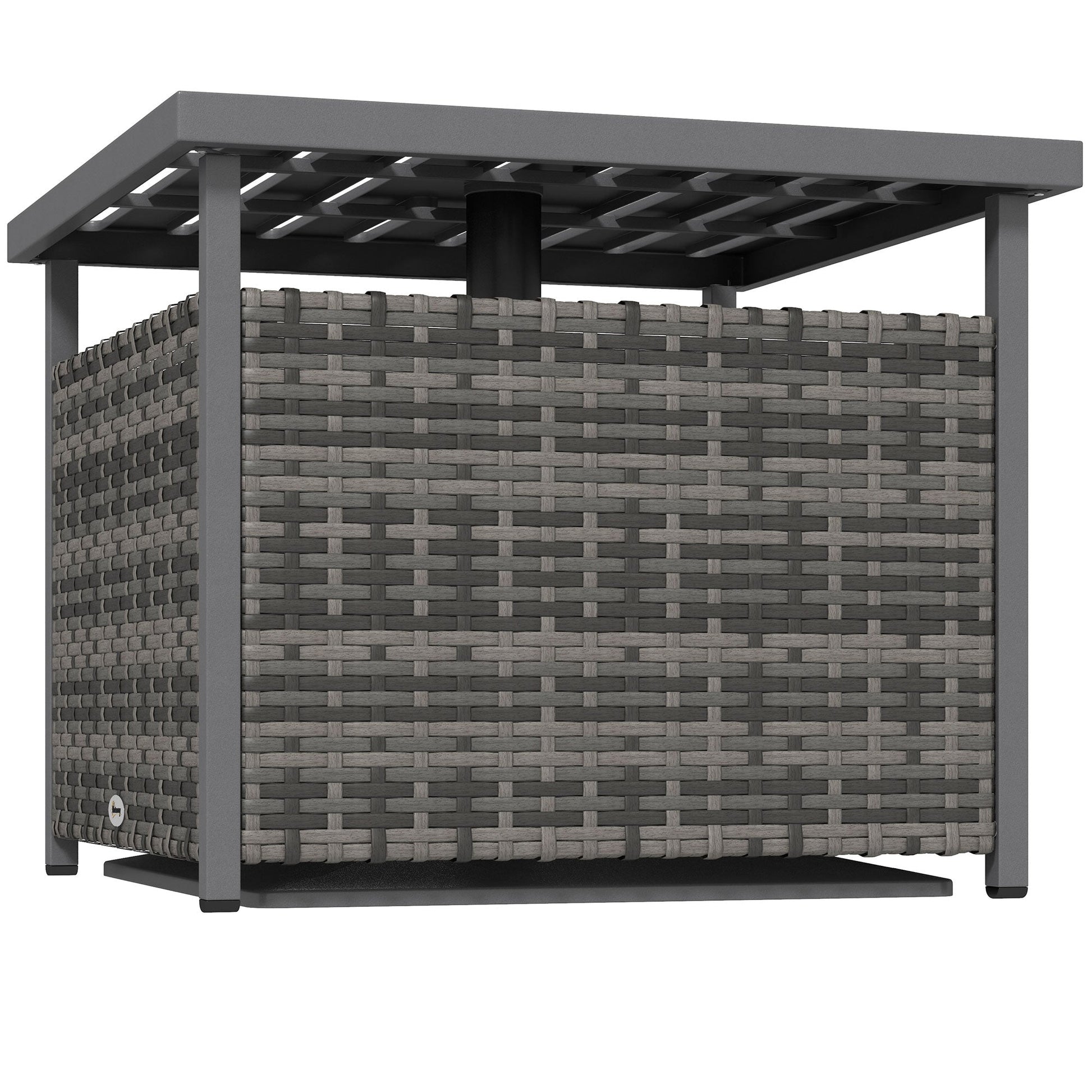 21.75" Outdoor Rattan Wicker Patio Coffee Table with Umbrella Hole, Patio Side Table with Slatted Metal Top, Suitable for Garden, Backyard, Mixed-Grey