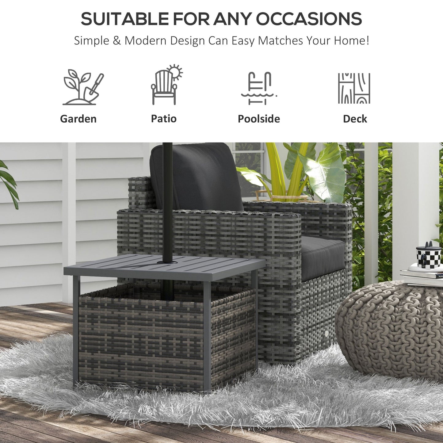 21.75" Outdoor Rattan Wicker Patio Coffee Table with Umbrella Hole, Patio Side Table with Slatted Metal Top, Suitable for Garden, Backyard, Mixed-Grey
