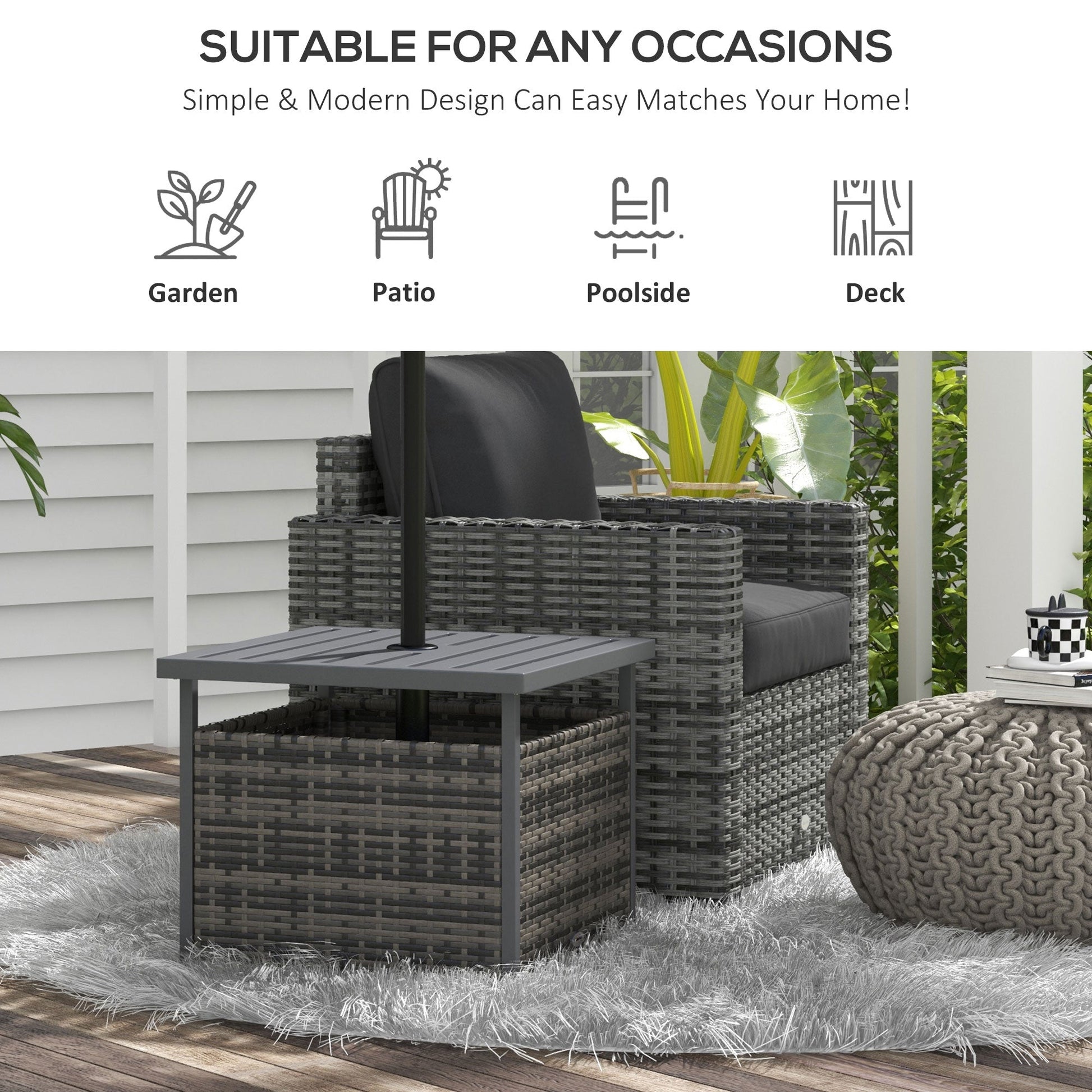 21.75" Outdoor Rattan Wicker Patio Coffee Table with Umbrella Hole, Patio Side Table with Slatted Metal Top, Suitable for Garden, Backyard, Mixed-Grey