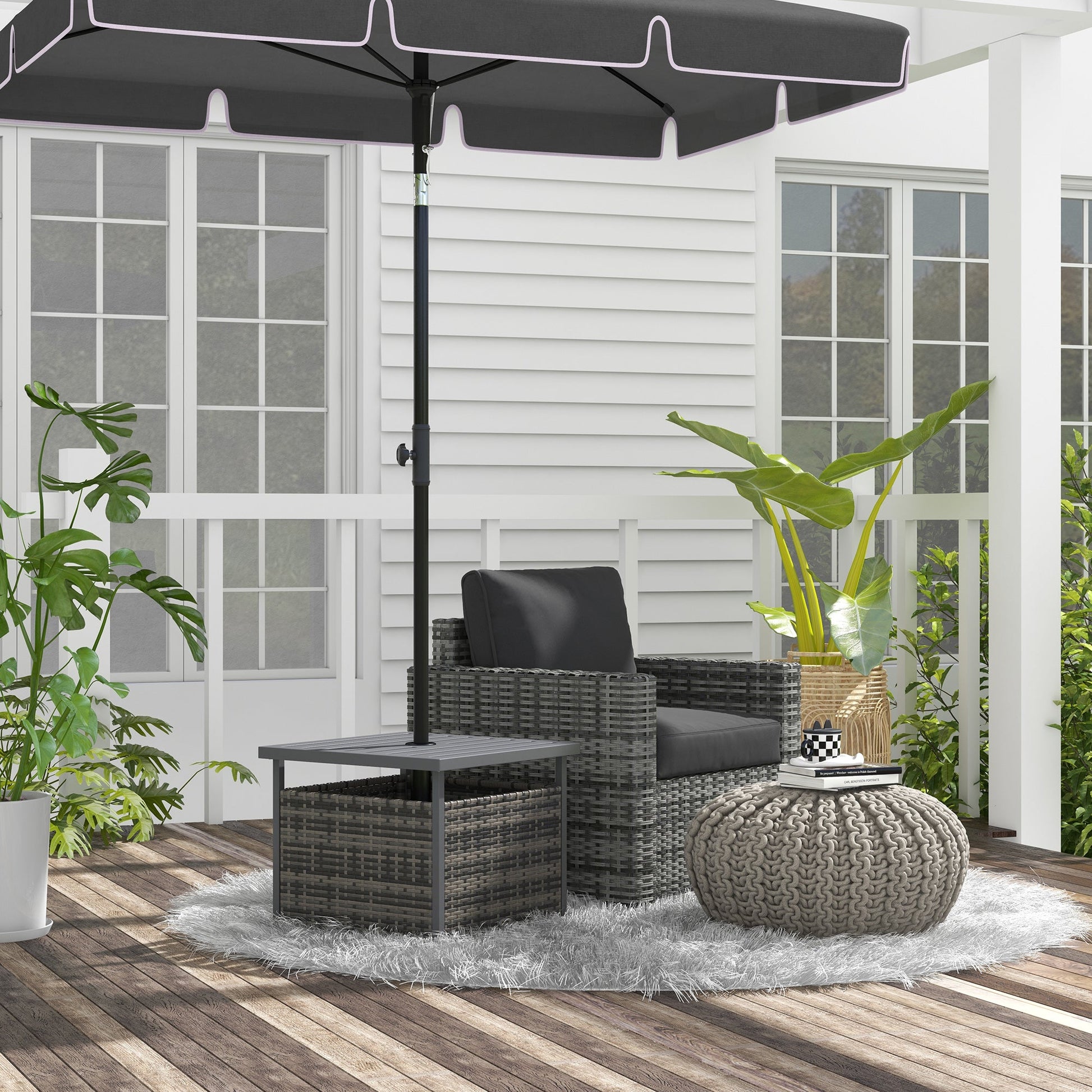 21.75" Outdoor Rattan Wicker Patio Coffee Table with Umbrella Hole, Patio Side Table with Slatted Metal Top, Suitable for Garden, Backyard, Mixed-Grey