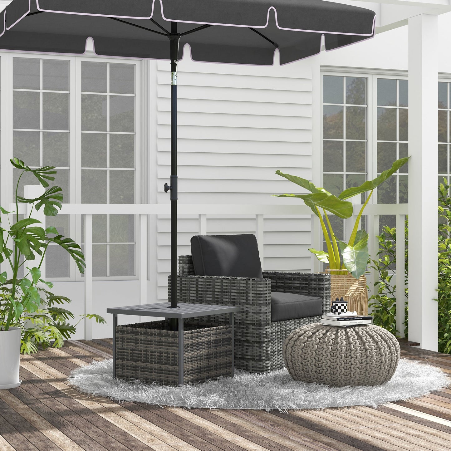21.75" Outdoor Rattan Wicker Patio Coffee Table with Umbrella Hole, Patio Side Table with Slatted Metal Top, Suitable for Garden, Backyard, Mixed-Grey