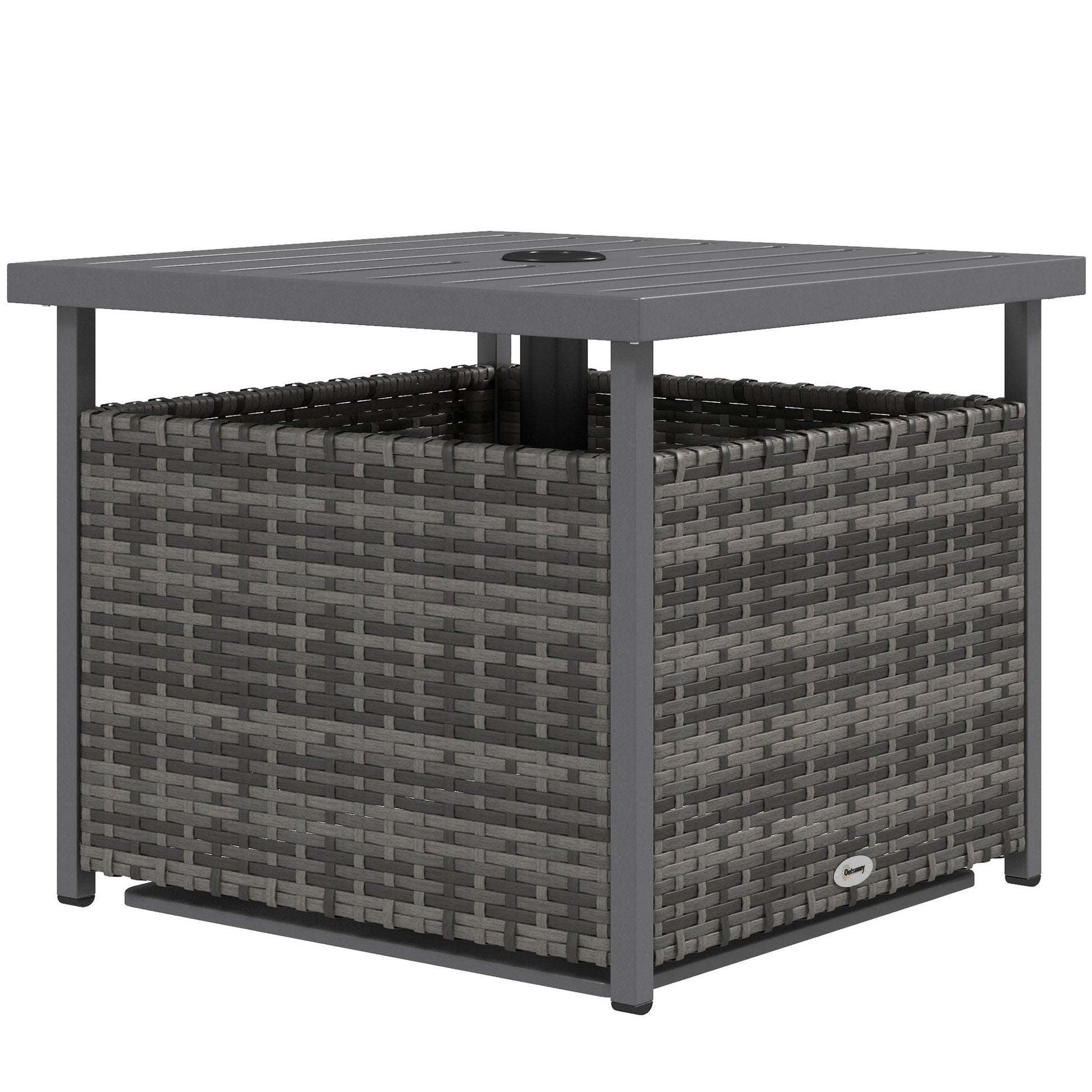 21.75" Outdoor Rattan Wicker Patio Coffee Table with Umbrella Hole, Patio Side Table with Slatted Metal Top, Suitable for Garden, Backyard, Mixed-Grey