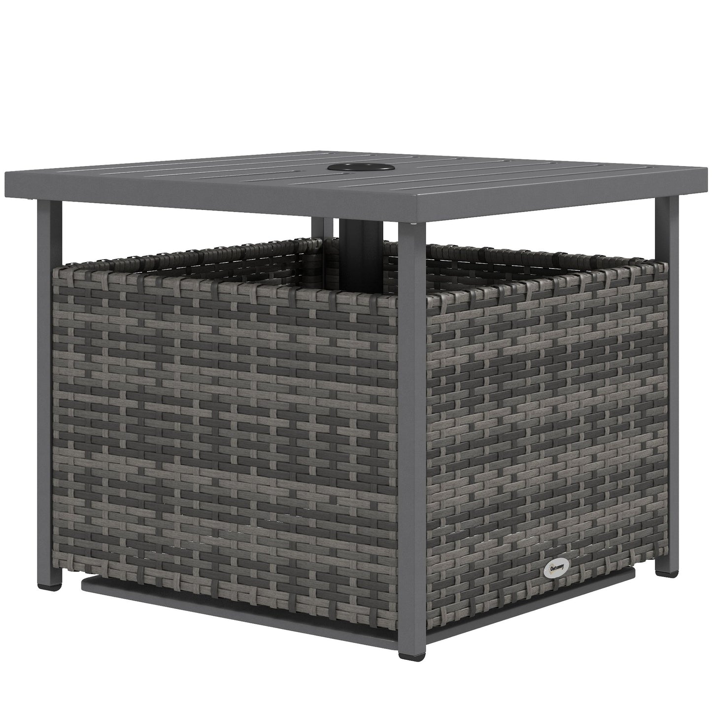 21.75" Outdoor Rattan Wicker Patio Coffee Table with Umbrella Hole, Patio Side Table with Slatted Metal Top, Suitable for Garden, Backyard, Mixed-Grey