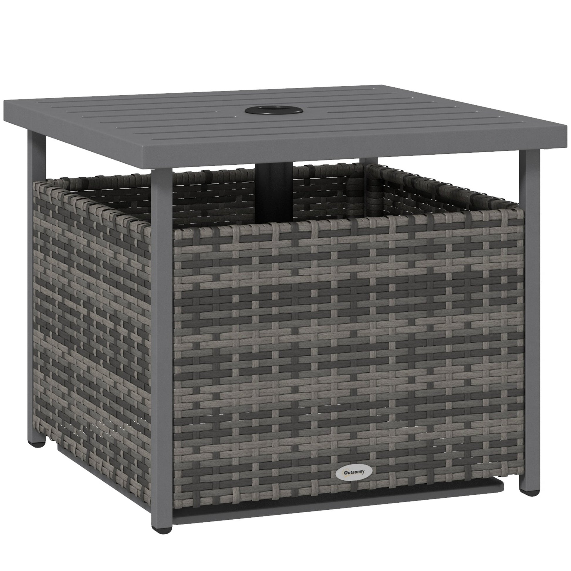 21.75" Outdoor Rattan Wicker Patio Coffee Table with Umbrella Hole, Patio Side Table with Slatted Metal Top, Suitable for Garden, Backyard, Mixed-Grey