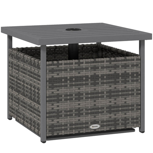 21.75" Outdoor Rattan Wicker Patio Coffee Table with Umbrella Hole, Patio Side Table with Slatted Metal Top, Suitable for Garden, Backyard, Mixed-Grey