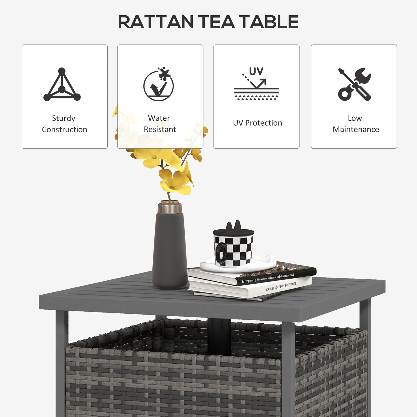 21.75" Outdoor Rattan Wicker Patio Coffee Table with Umbrella Hole, Patio Side Table with Slatted Metal Top, Suitable for Garden, Backyard, Mixed-Grey