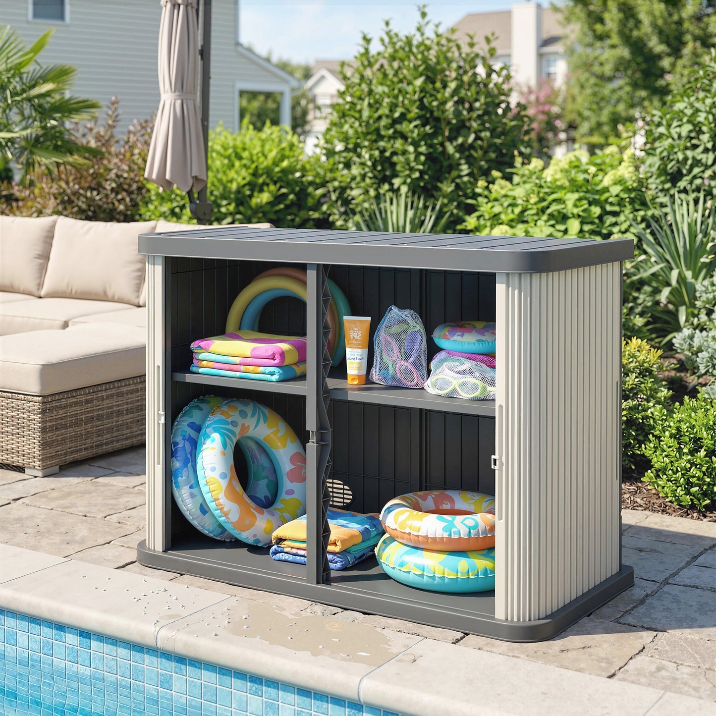127 Gallon Outdoor Storage Box, Plastic Deck Box, Splash-Resistant & UV Resistant Garden Storage Container for Patio, Porch, Poolside, Light Brown