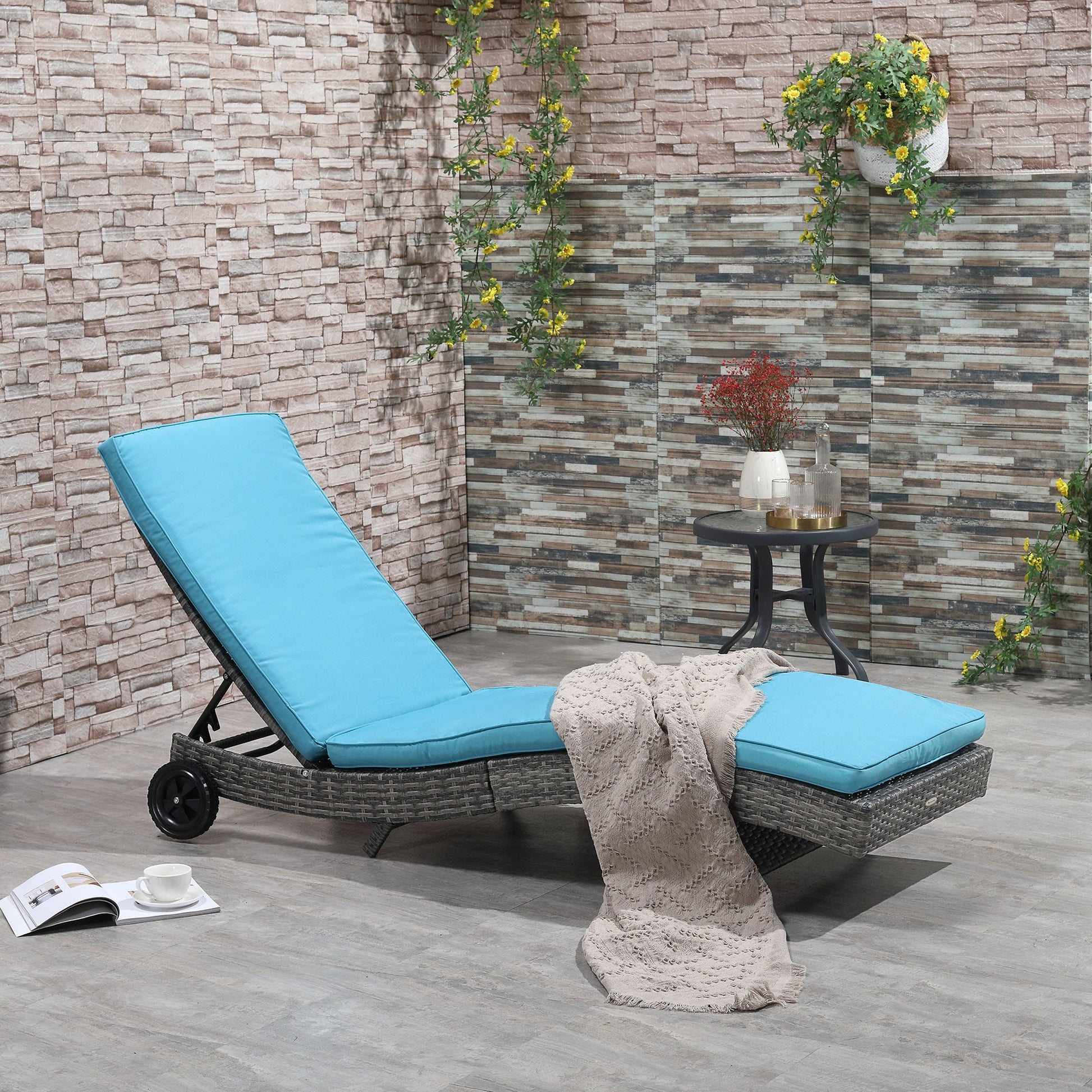 Wicker Chaise Lounge, Outdoor Lounge Chair, 5-Level Adjustable Backrest S-Shape Rattan Lounger with Cushion & Wheels for Patio, Deck, Poolside, Sky Blue
