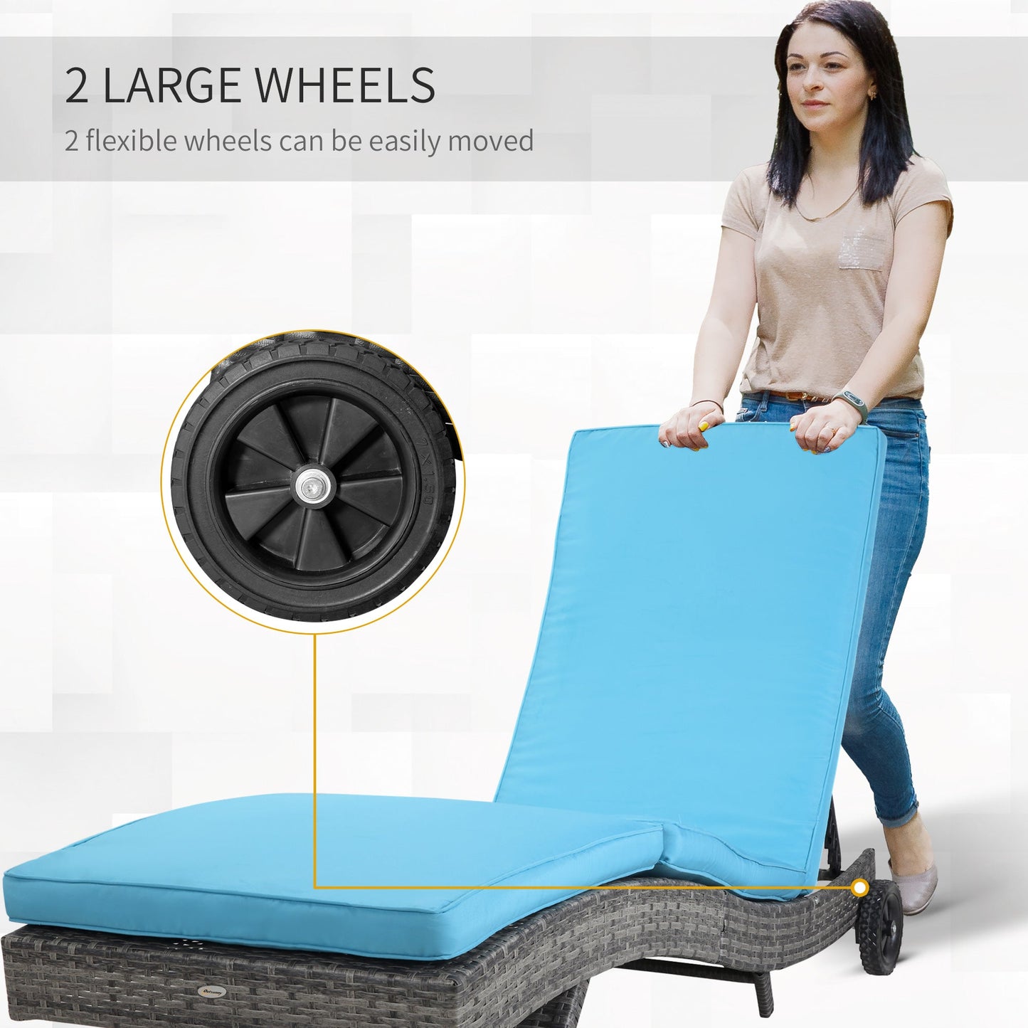 Wicker Chaise Lounge, Outdoor Lounge Chair, 5-Level Adjustable Backrest S-Shape Rattan Lounger with Cushion & Wheels for Patio, Deck, Poolside, Sky Blue