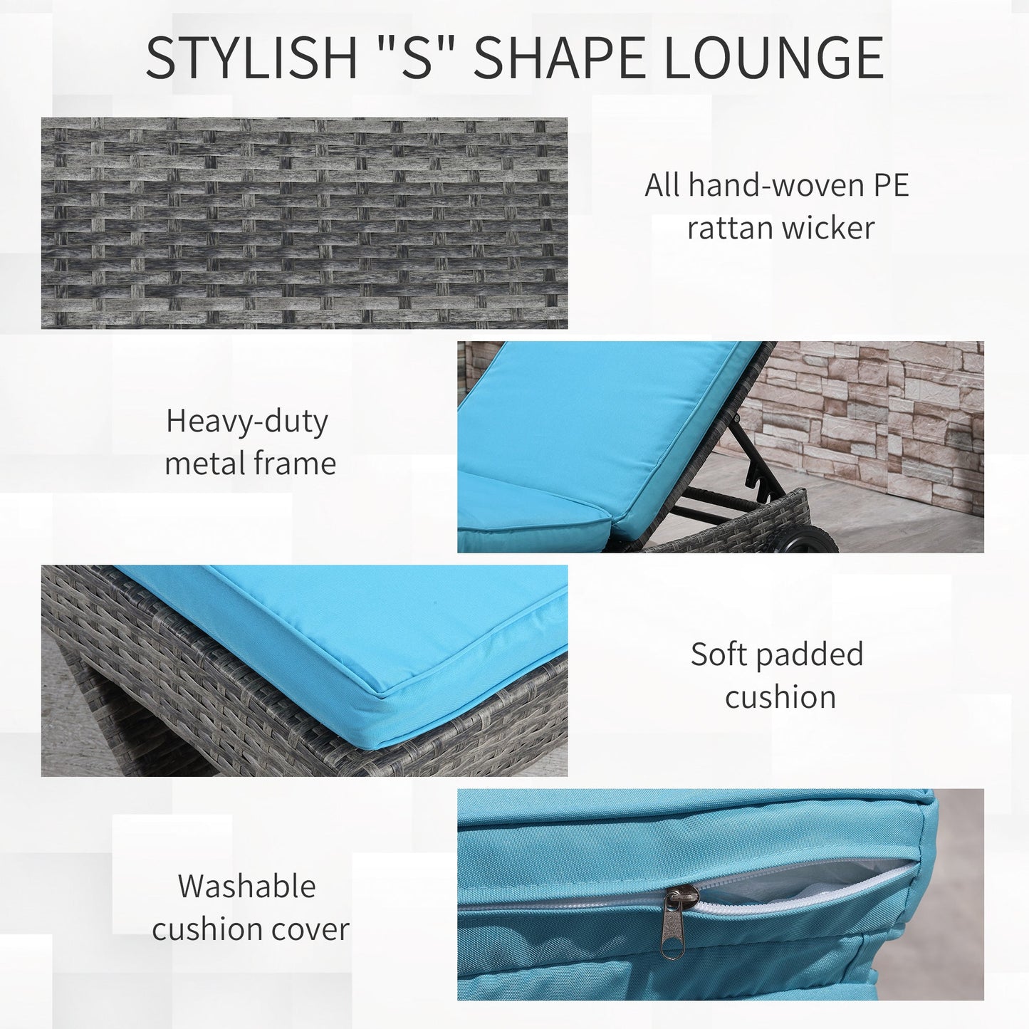 Wicker Chaise Lounge, Outdoor Lounge Chair, 5-Level Adjustable Backrest S-Shape Rattan Lounger with Cushion & Wheels for Patio, Deck, Poolside, Sky Blue