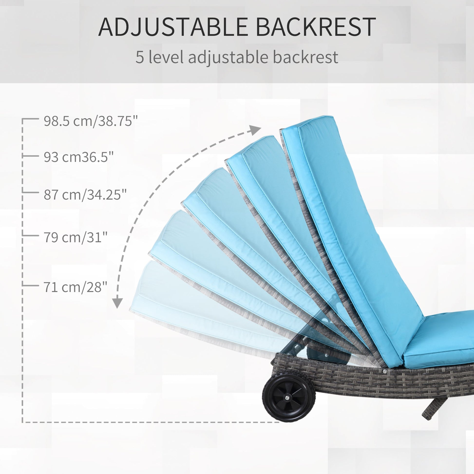 Wicker Chaise Lounge, Outdoor Lounge Chair, 5-Level Adjustable Backrest S-Shape Rattan Lounger with Cushion & Wheels for Patio, Deck, Poolside, Sky Blue