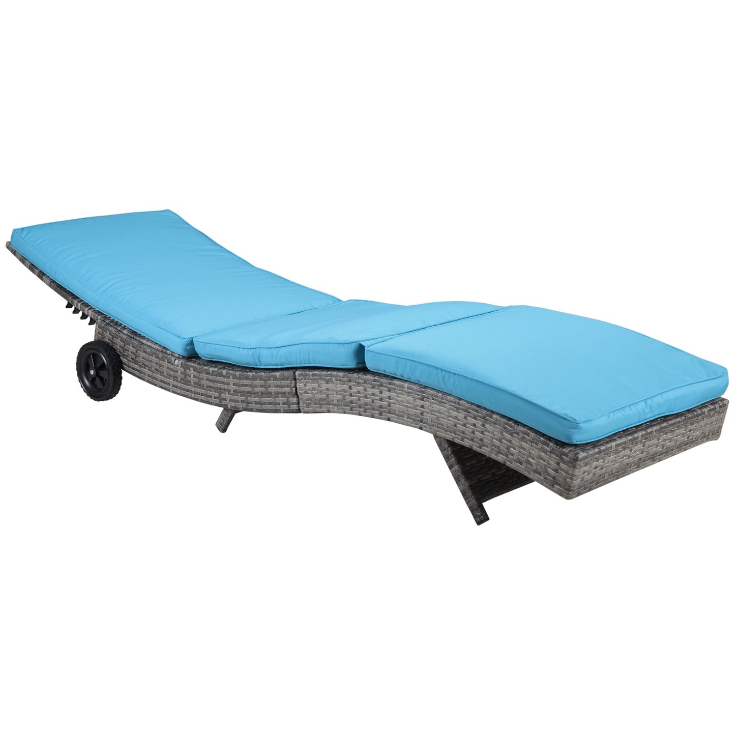 Wicker Chaise Lounge, Outdoor Lounge Chair, 5-Level Adjustable Backrest S-Shape Rattan Lounger with Cushion & Wheels for Patio, Deck, Poolside, Sky Blue