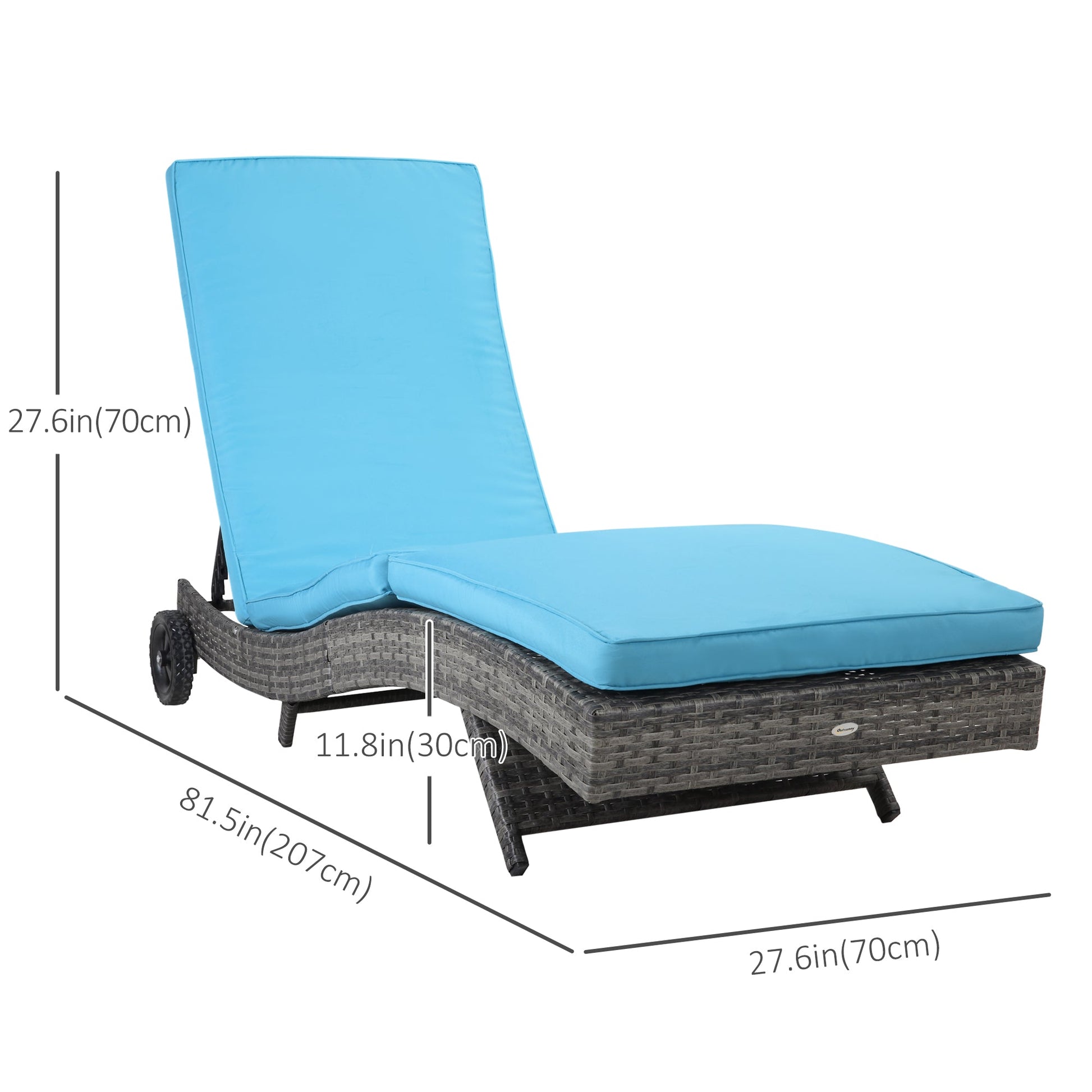 Wicker Chaise Lounge, Outdoor Lounge Chair, 5-Level Adjustable Backrest S-Shape Rattan Lounger with Cushion & Wheels for Patio, Deck, Poolside, Sky Blue