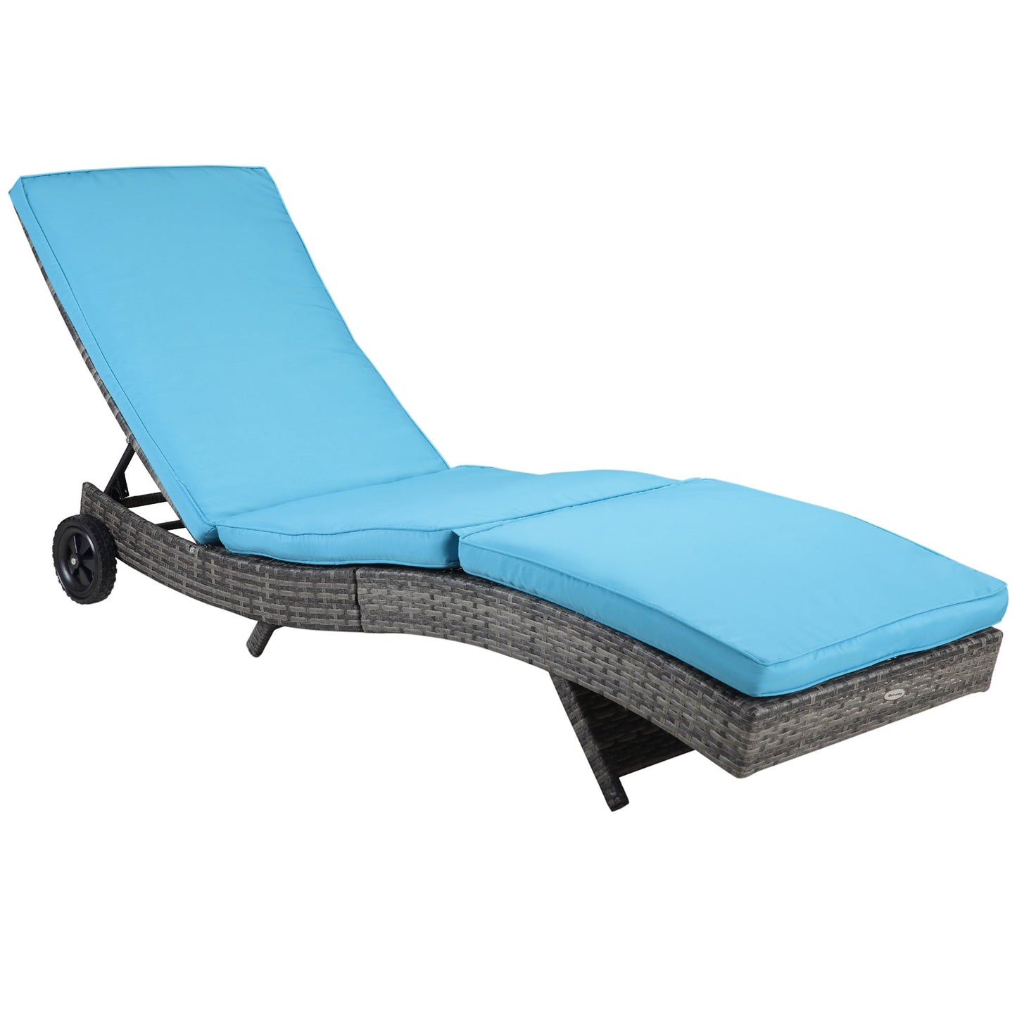 Wicker Chaise Lounge, Outdoor Lounge Chair, 5-Level Adjustable Backrest S-Shape Rattan Lounger with Cushion & Wheels for Patio, Deck, Poolside, Sky Blue
