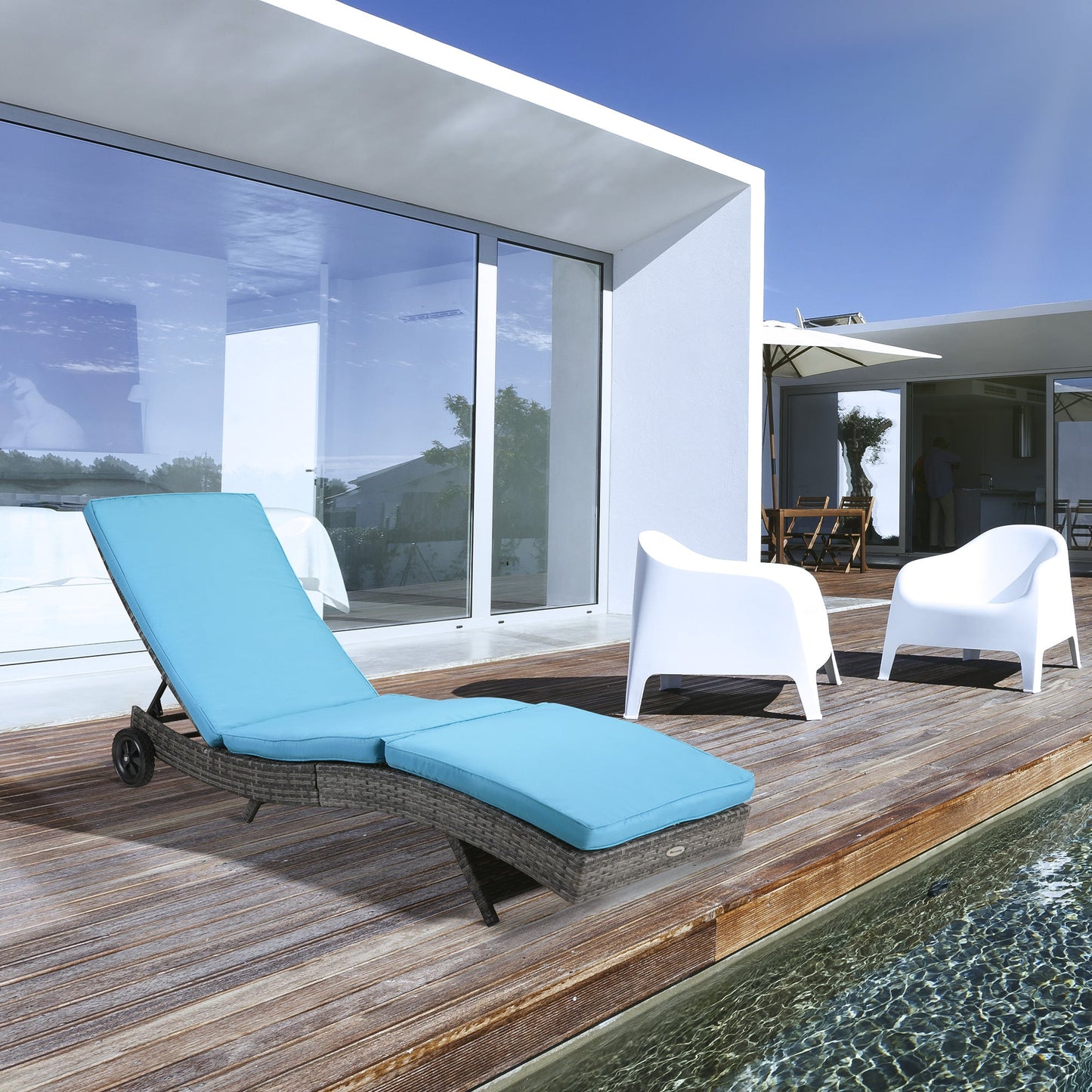 Wicker Chaise Lounge, Outdoor Lounge Chair, 5-Level Adjustable Backrest S-Shape Rattan Lounger with Cushion & Wheels for Patio, Deck, Poolside, Sky Blue