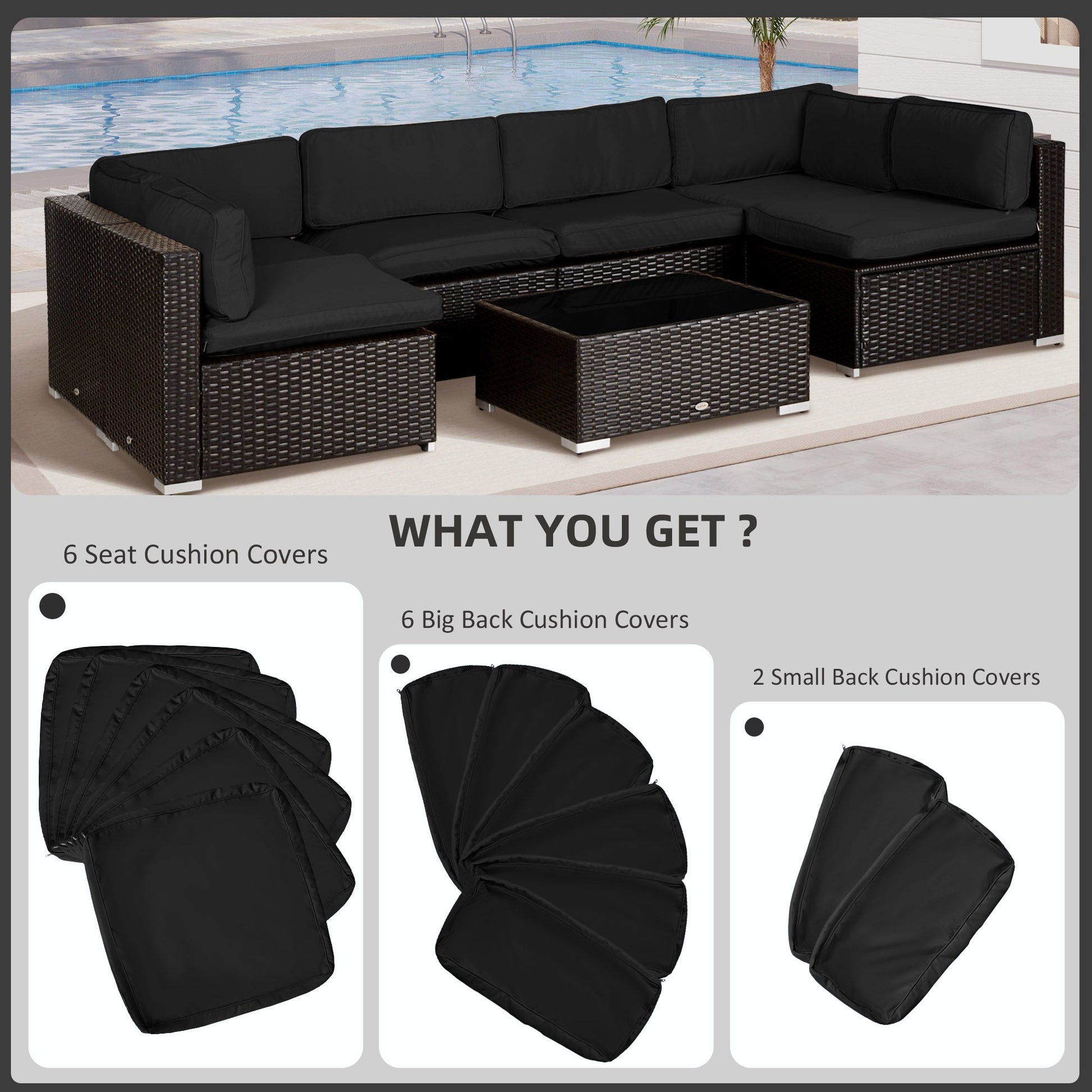 14Pcs Outdoor Cushion Covers, Patio Cushion Covers Replacement for Rattan Sofa Set - No Cushion Included, Black