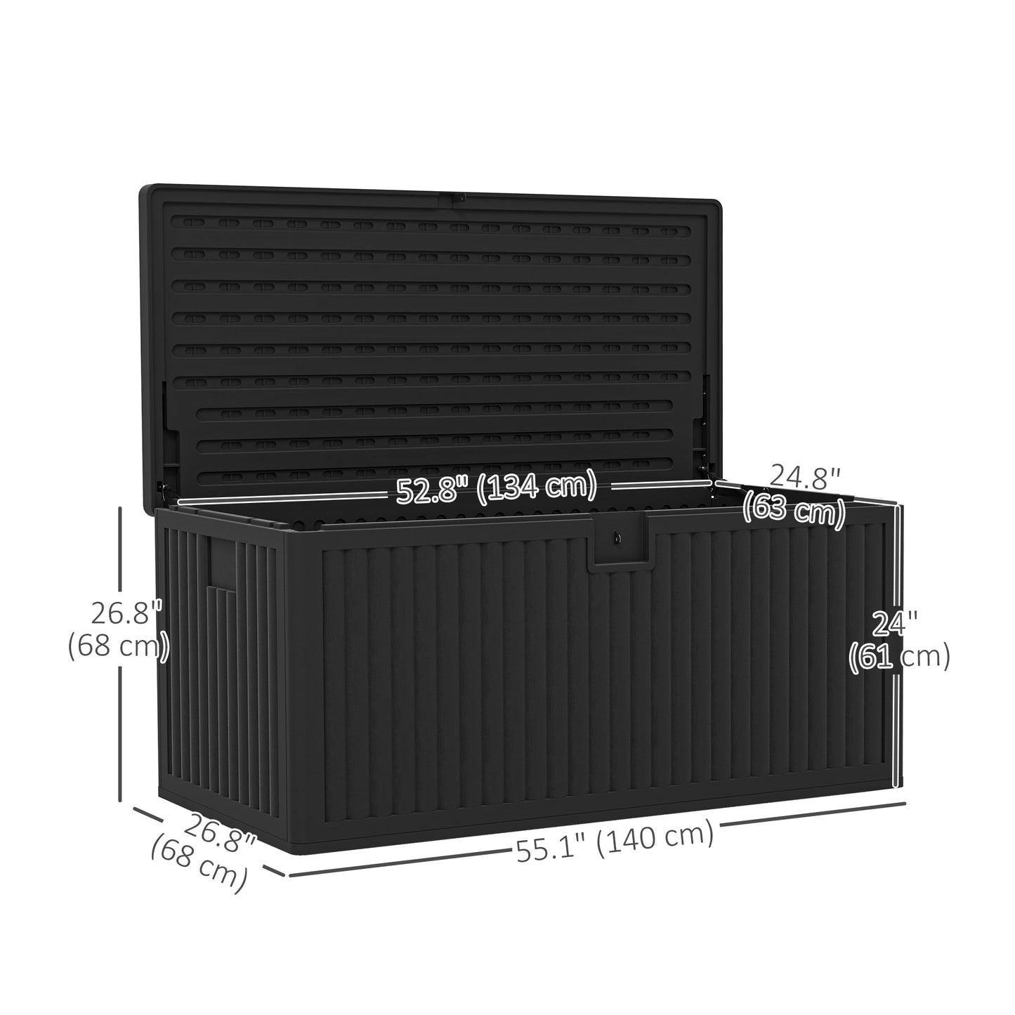 140 Gallon Deck Box, Fluted Resin Outdoor Storage Box with Gas Struts, Waterproof and UV Resistant Storage Container for Garden Tools and Pool Supplies, Black