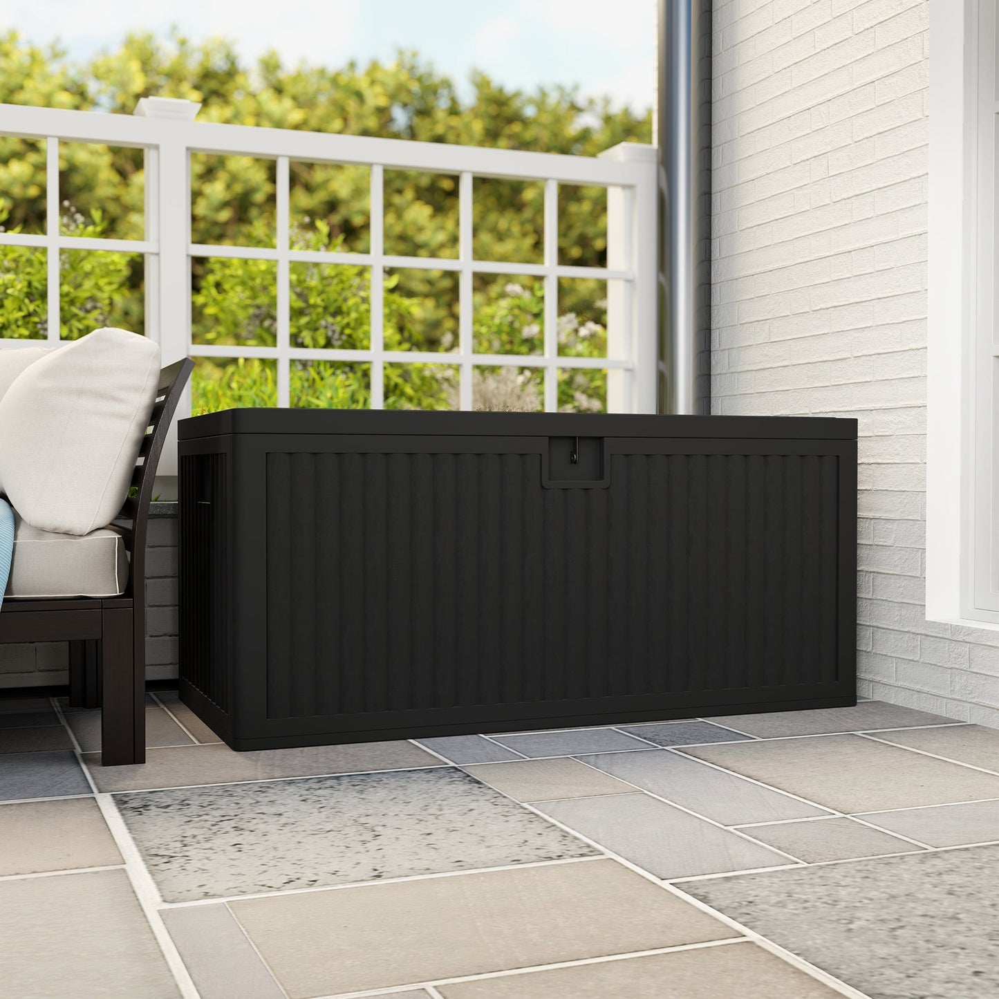 140 Gallon Deck Box, Fluted Resin Outdoor Storage Box with Gas Struts, Waterproof and UV Resistant Storage Container for Garden Tools and Pool Supplies, Black