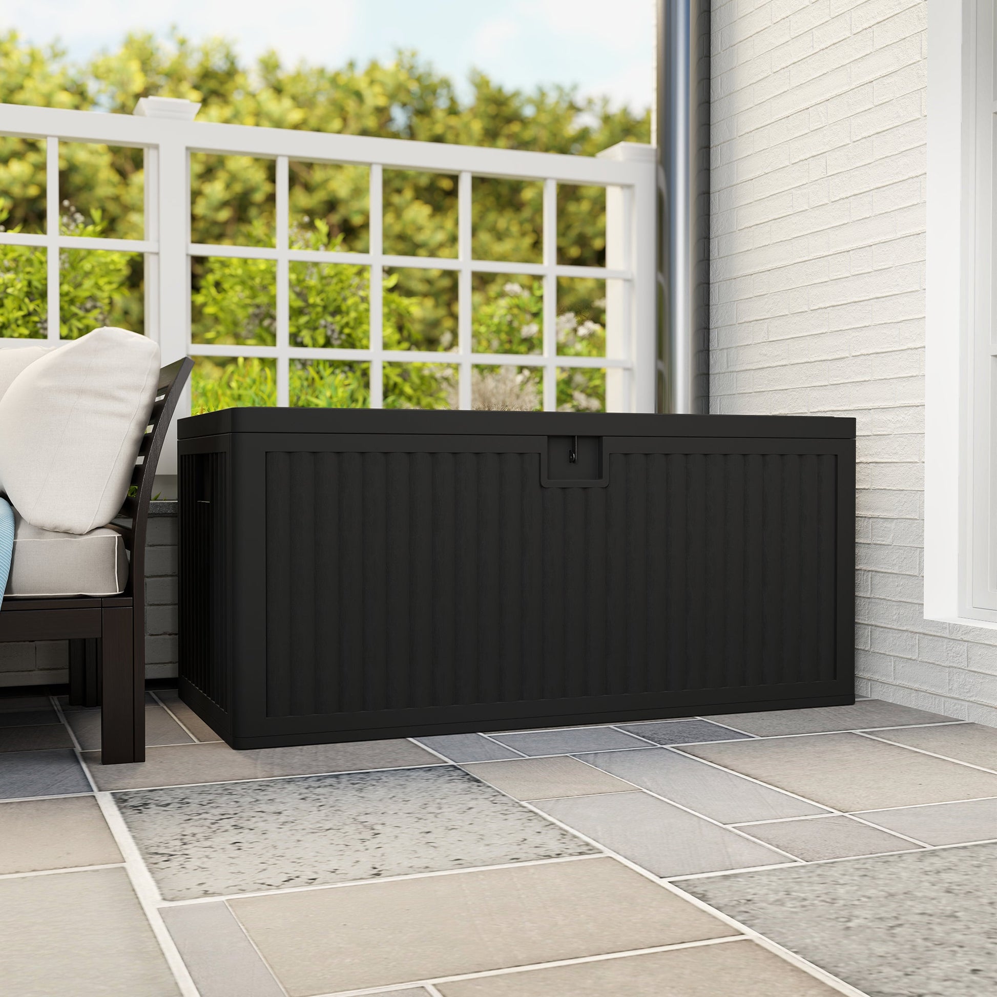 140 Gallon Deck Box, Fluted Resin Outdoor Storage Box with Gas Struts, Waterproof and UV Resistant Storage Container for Garden Tools and Pool Supplies, Black