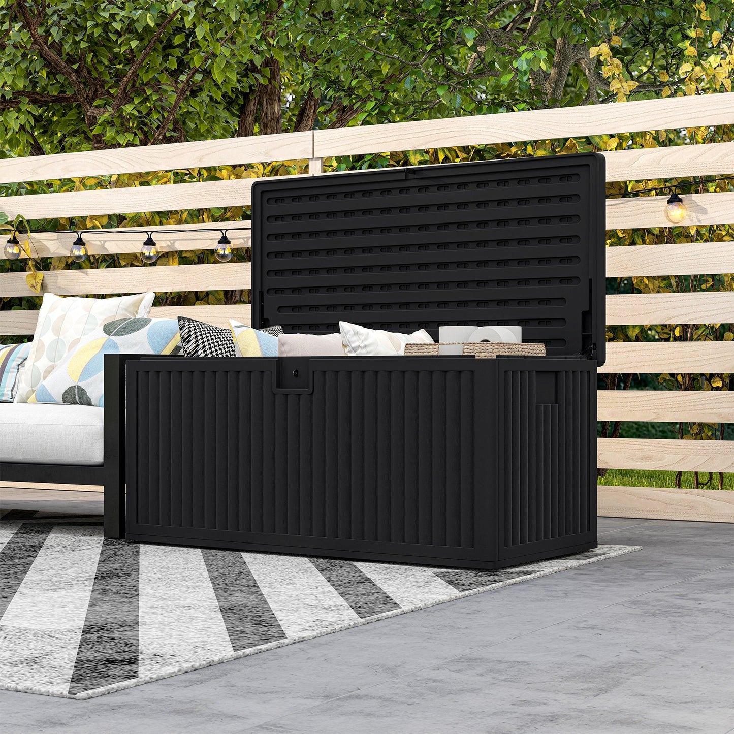 140 Gallon Deck Box, Fluted Resin Outdoor Storage Box with Gas Struts, Waterproof and UV Resistant Storage Container for Garden Tools and Pool Supplies, Black